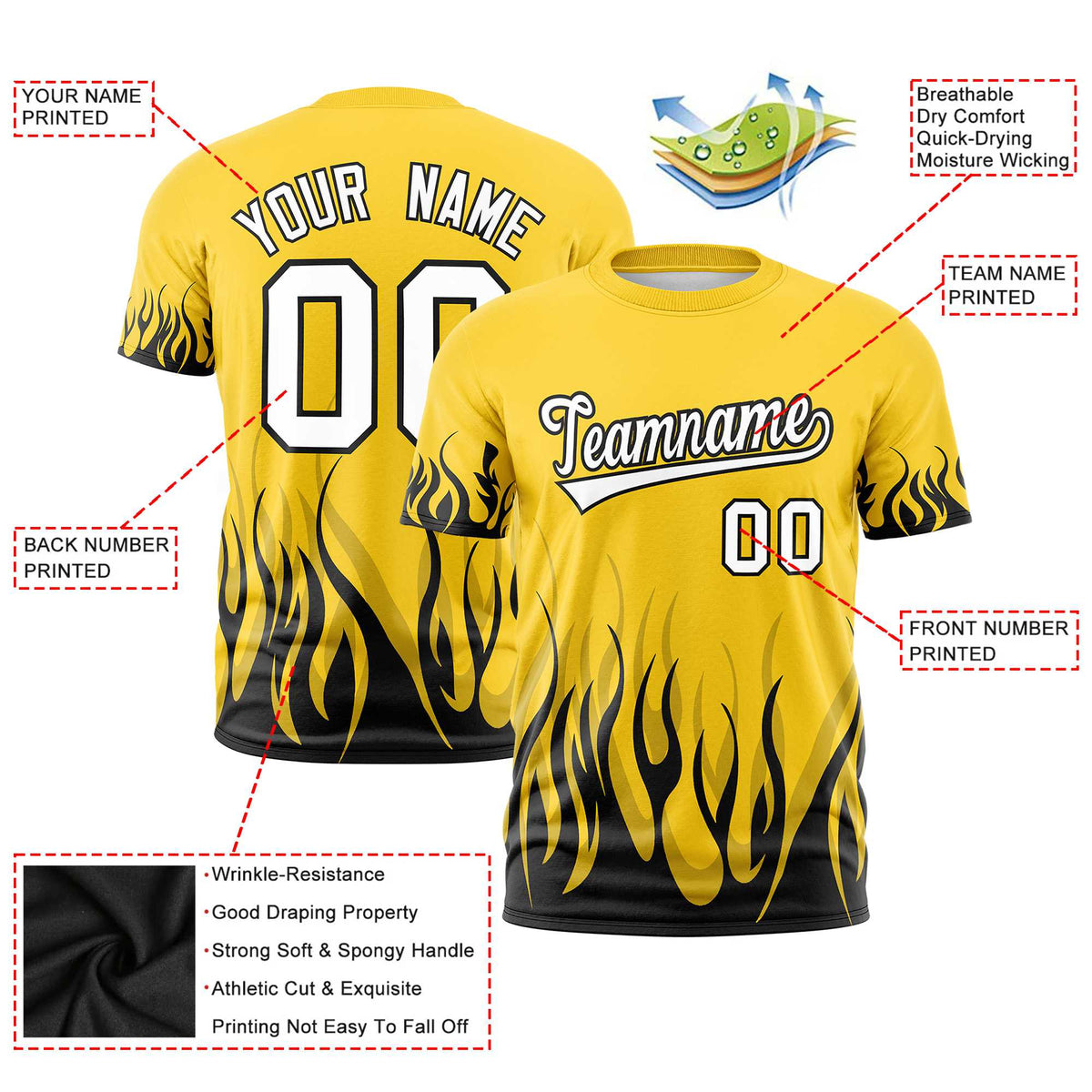 Custom Gold-01 Black 3D Pattern Design Flame Performance T-Shirt