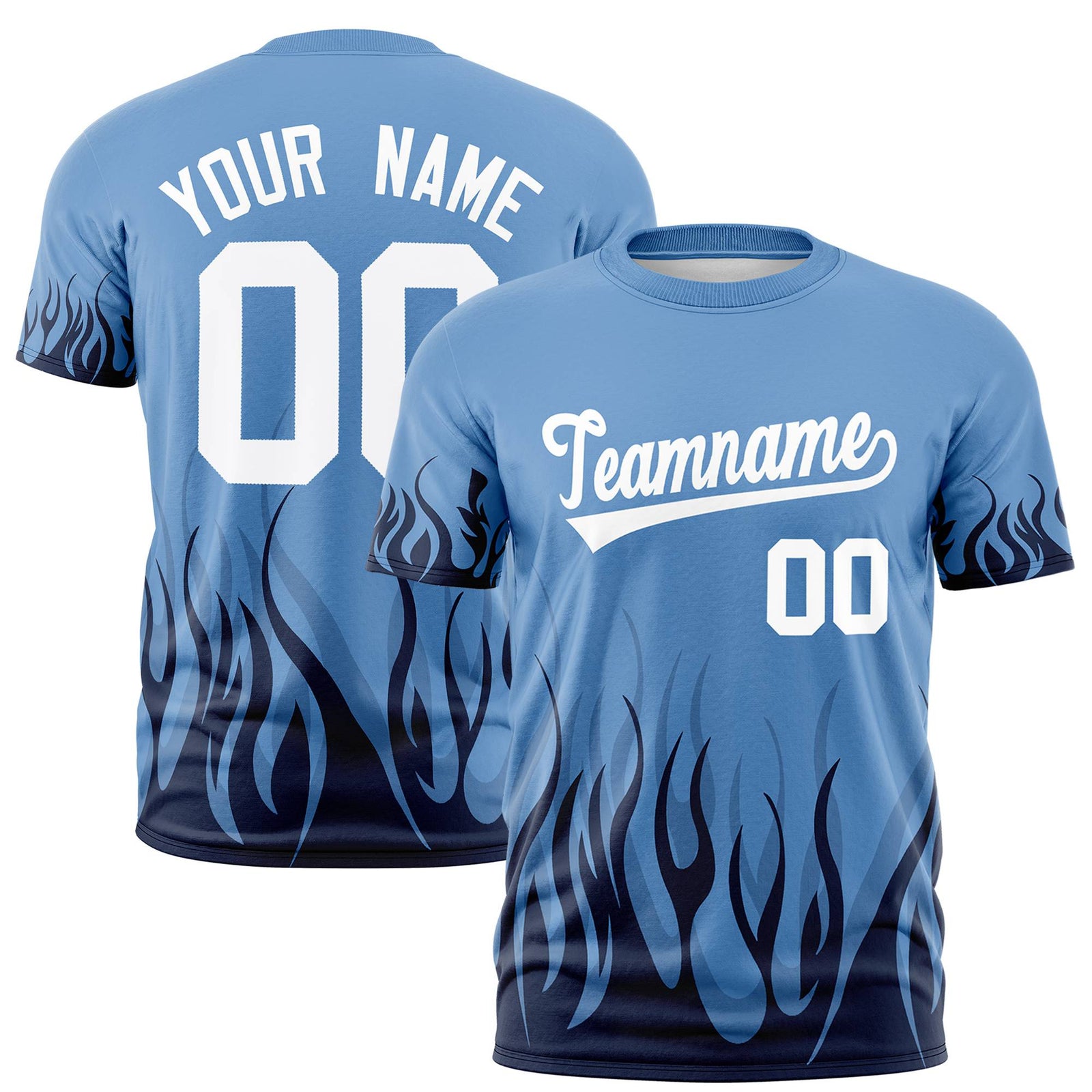 Custom Powder Blue Black 3D Pattern Design Flame Performance T-Shirt