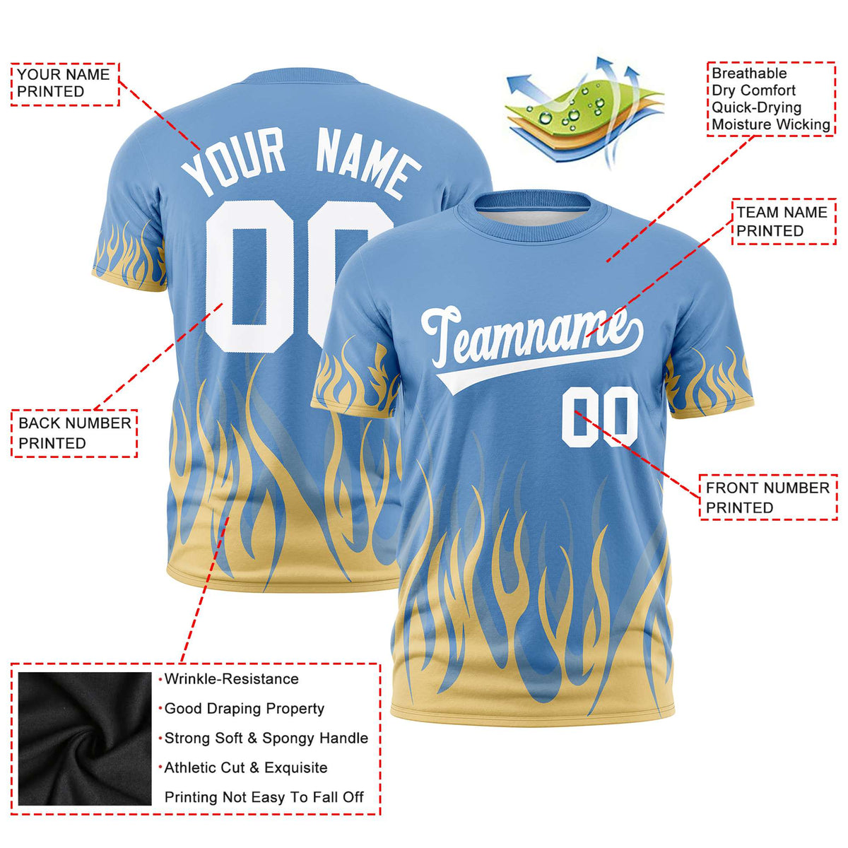 Custom Powder Blue Khaki 3D Pattern Design Flame Performance T-Shirt