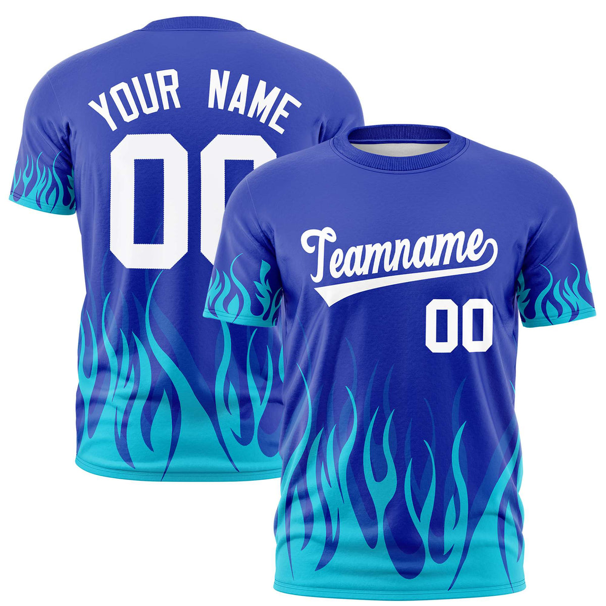 Custom Royal Blue Sky Blue 3D Pattern Design Flame Performance T-Shirt