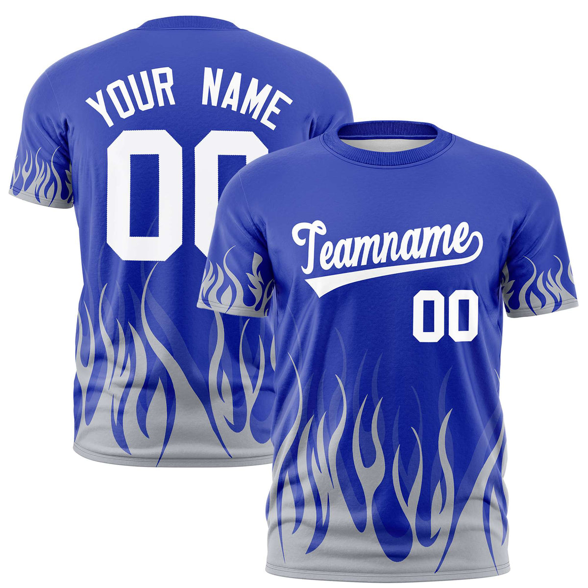 Custom Royal Blue Gray 3D Pattern Design Flame Performance T-Shirt