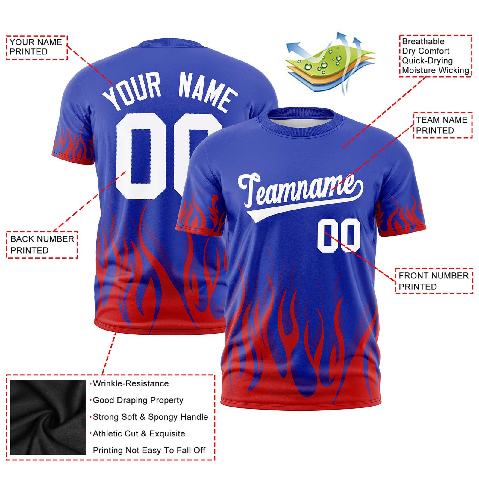 Custom Royal Blue Red 3D Pattern Design Flame Performance T-Shirt
