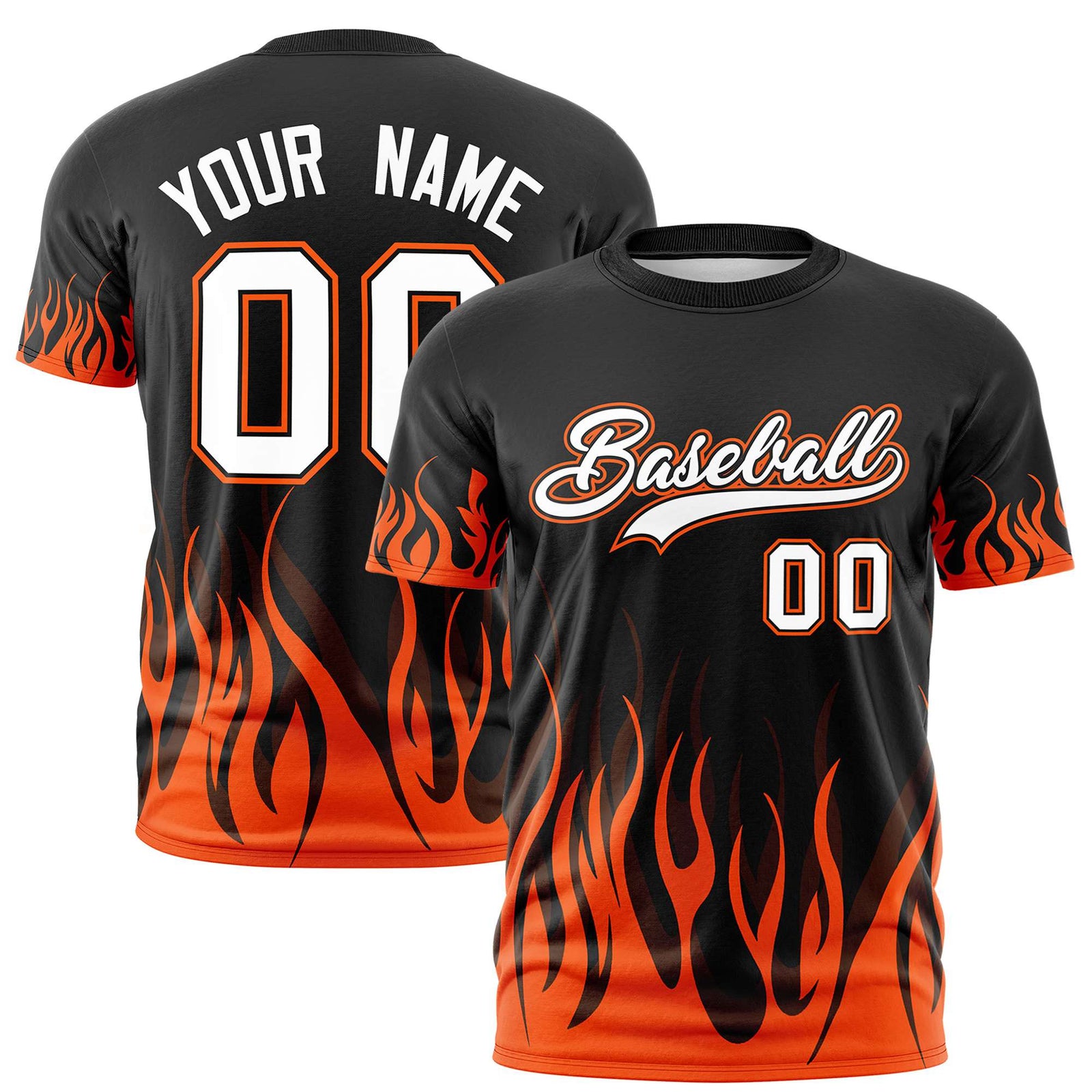 Custom Black Orange 3D Pattern Design Flame Performance T-Shirt