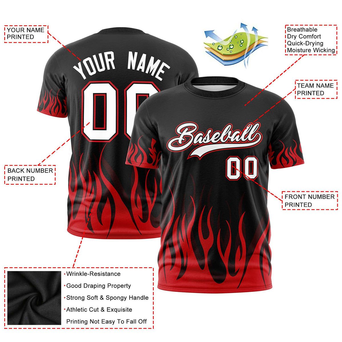 Custom Black Red 3D Pattern Design Flame Performance T-Shirt