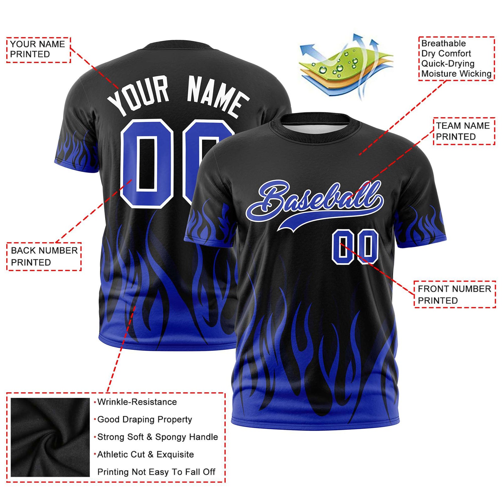 Custom Black Royal Blue 3D Pattern Design Flame Performance T-Shirt
