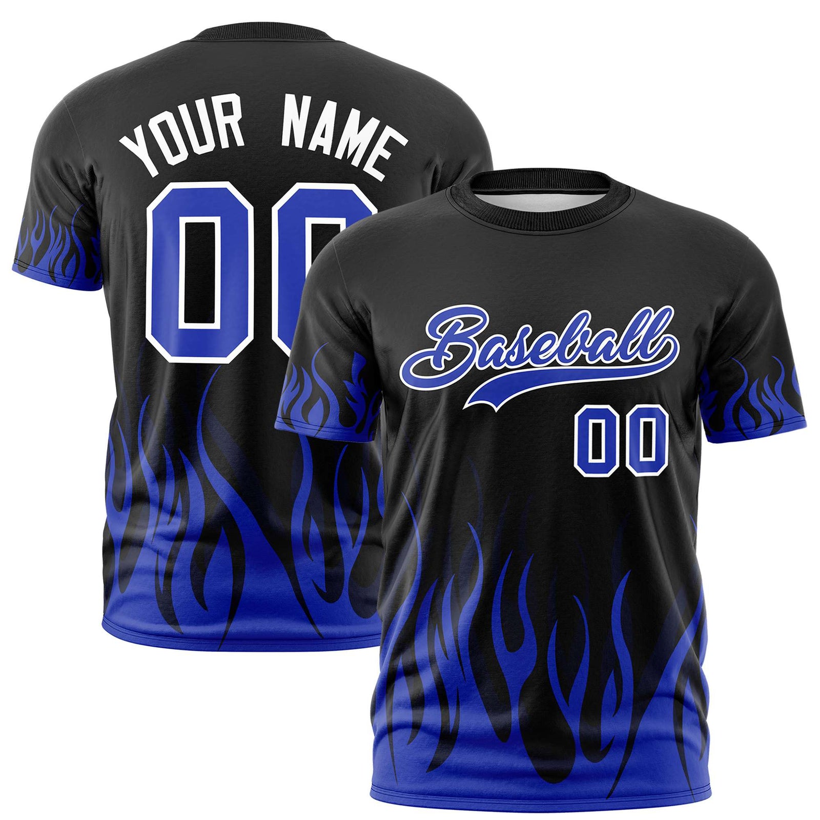 Custom Black Royal Blue 3D Pattern Design Flame Performance T-Shirt