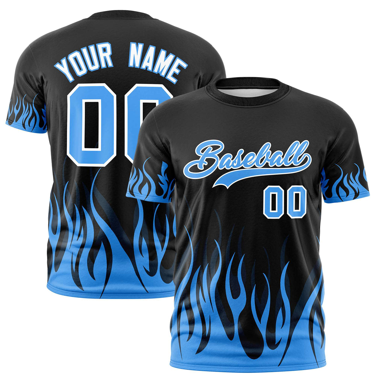 Custom Black Powder Blue 3D Pattern Design Flame Performance T-Shirt