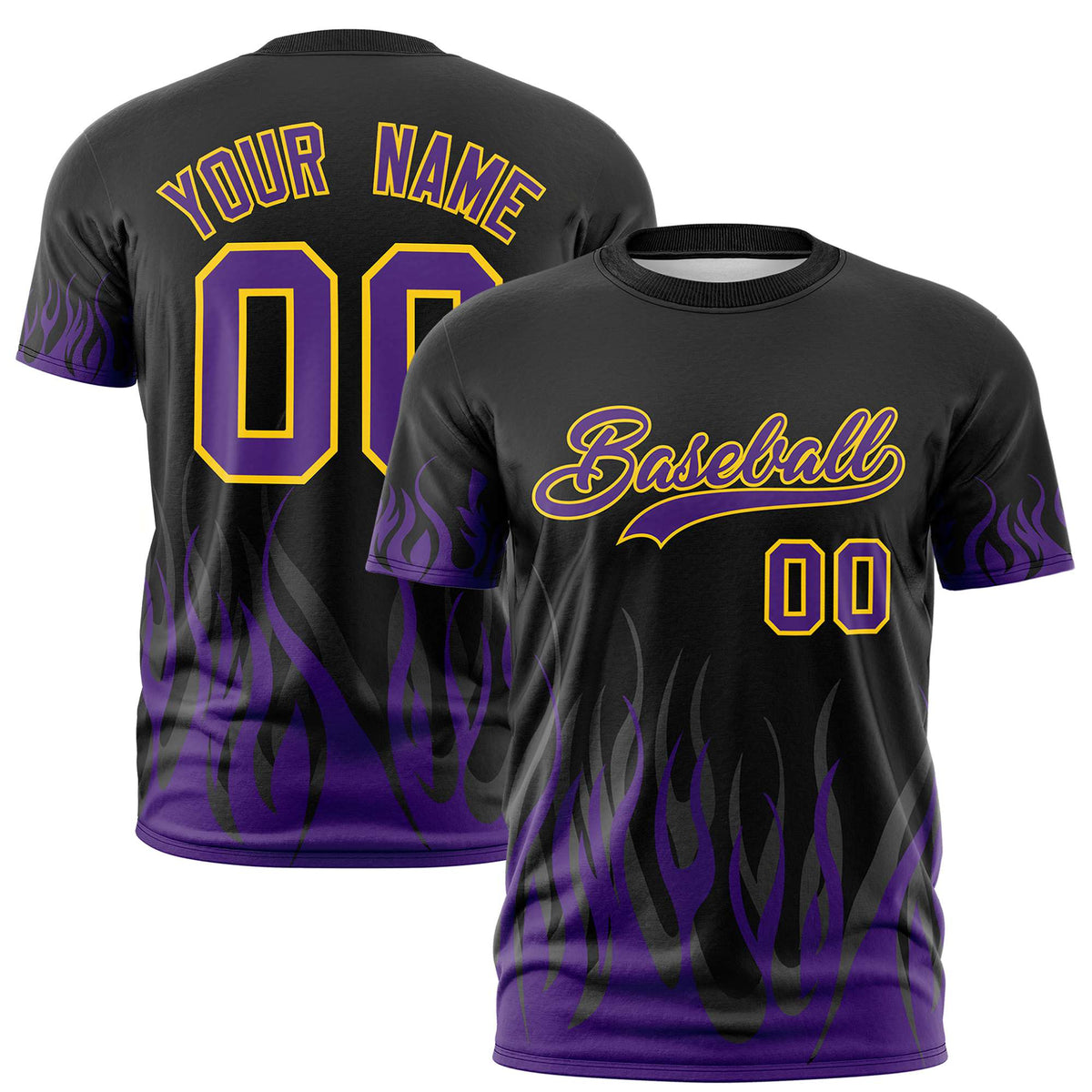 Custom Black Purple 3D Pattern Design Flame Performance T-Shirt