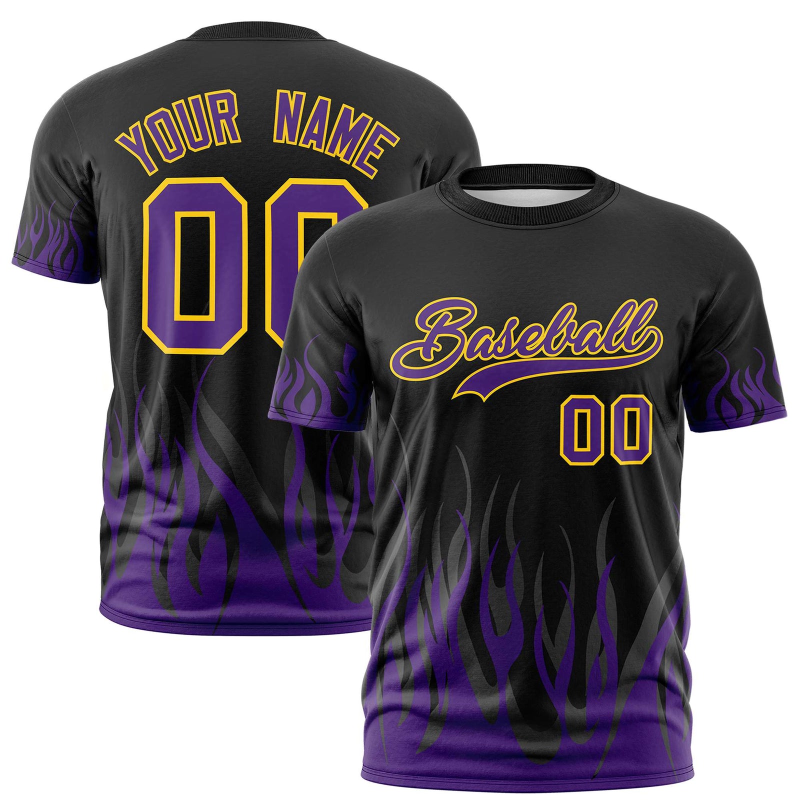 Custom Black Purple 3D Pattern Design Flame Performance T-Shirt
