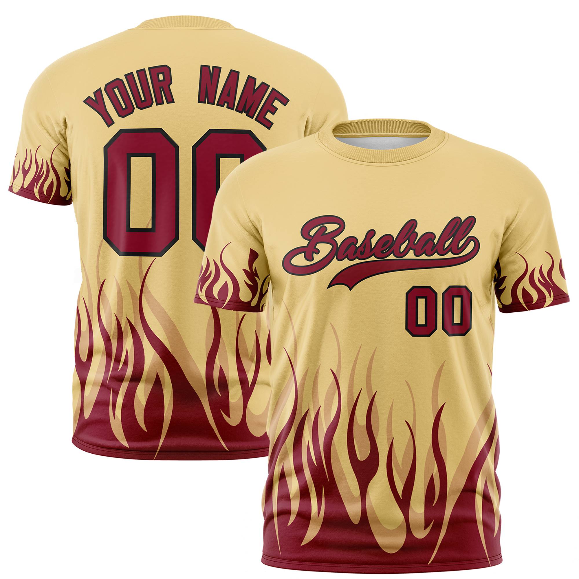 Custom Khaki Crimson 3D Pattern Design Flame Performance T-Shirt