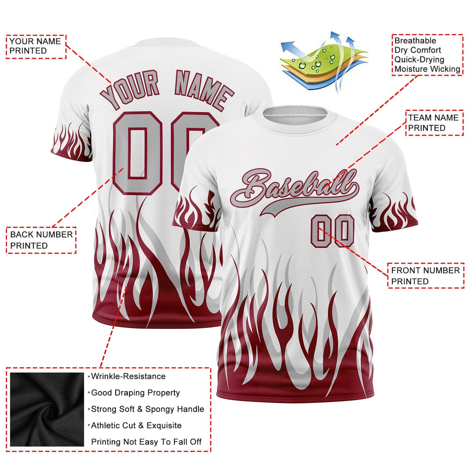 Custom White Crimson 3D Pattern Design Flame Performance T-Shirt