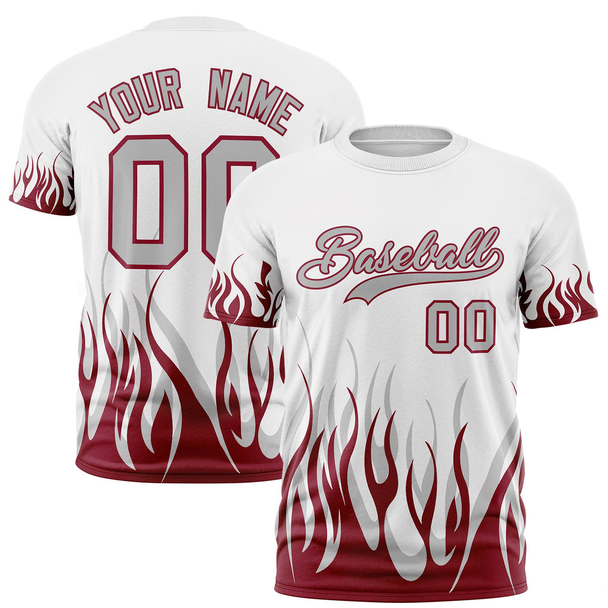 Custom White Crimson 3D Pattern Design Flame Performance T-Shirt