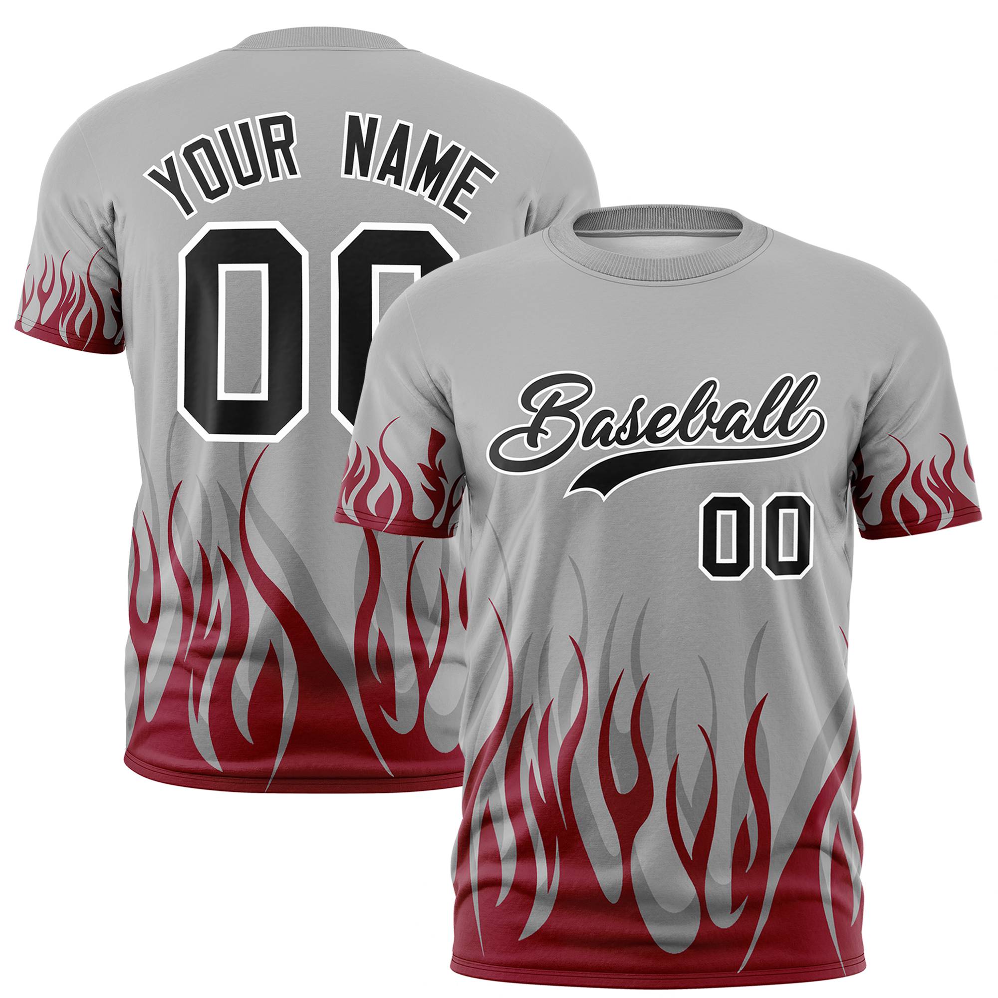 Custom Gray Crimson 3D Pattern Design Flame Performance T-Shirt