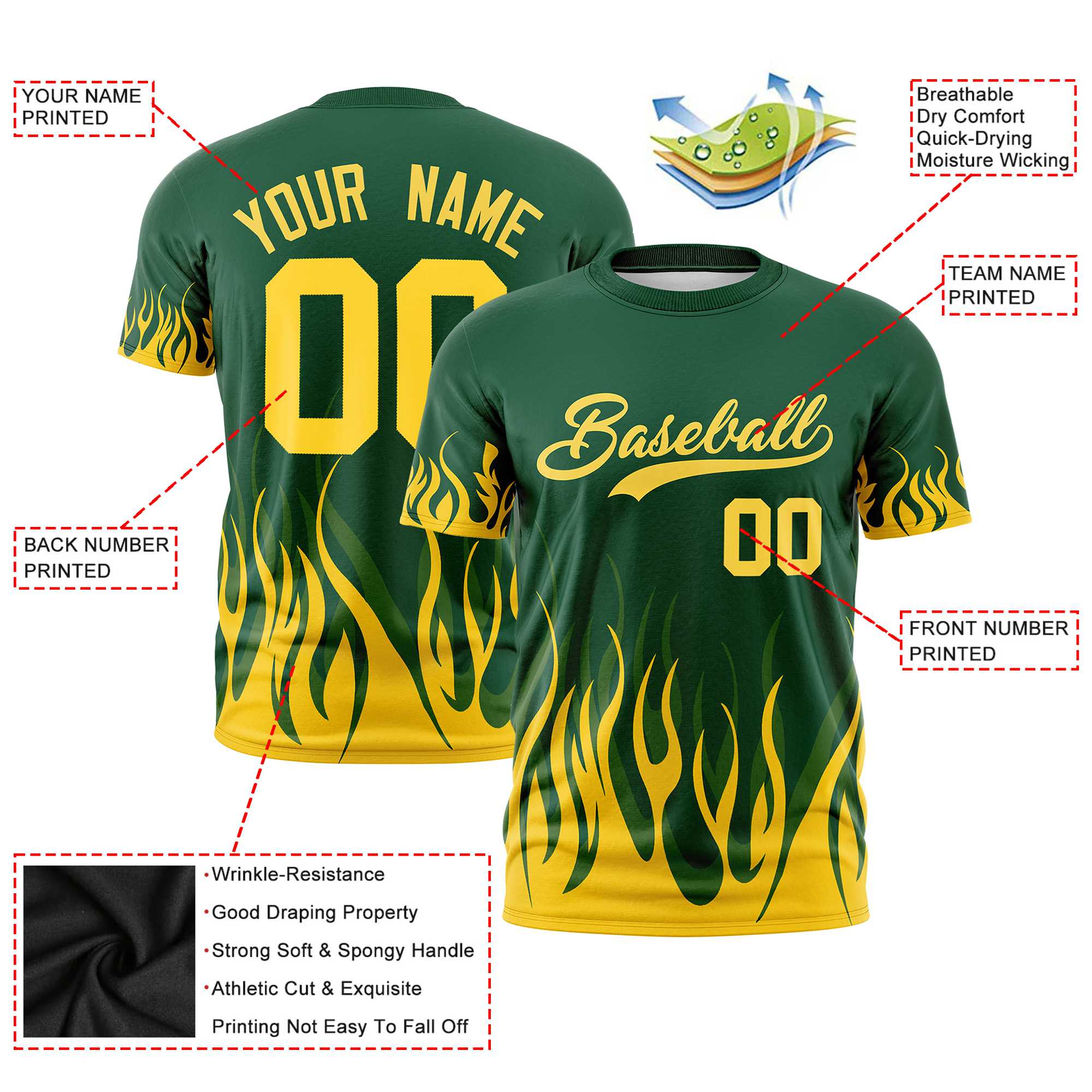 Custom Green Yellow 3D Pattern Design Flame Performance T-Shirt