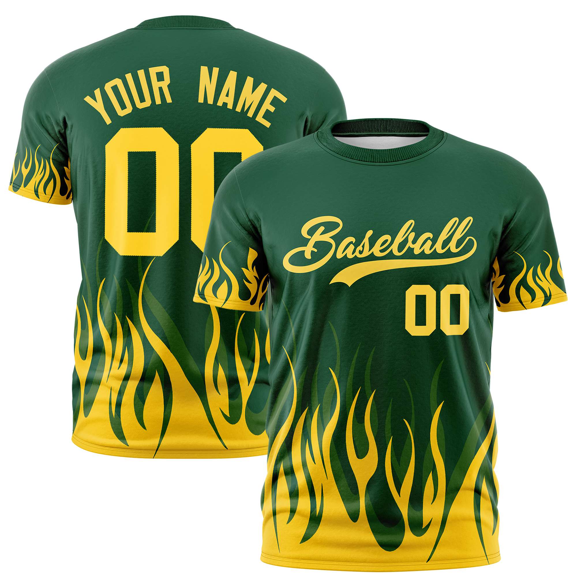 Custom Green Yellow 3D Pattern Design Flame Performance T-Shirt