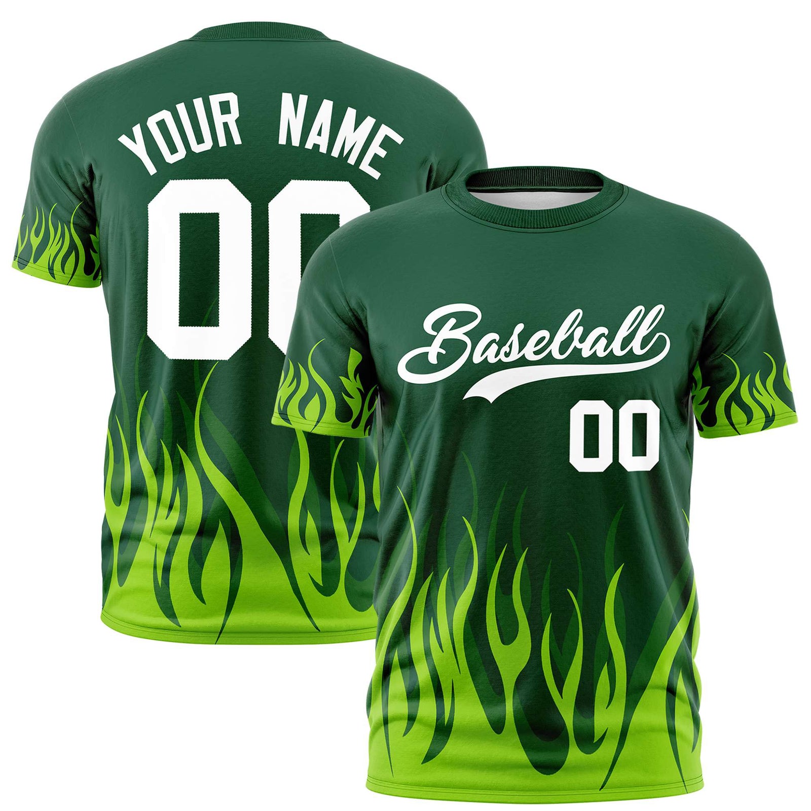 Custom Green Neon Green 3D Pattern Design Flame Performance T-Shirt