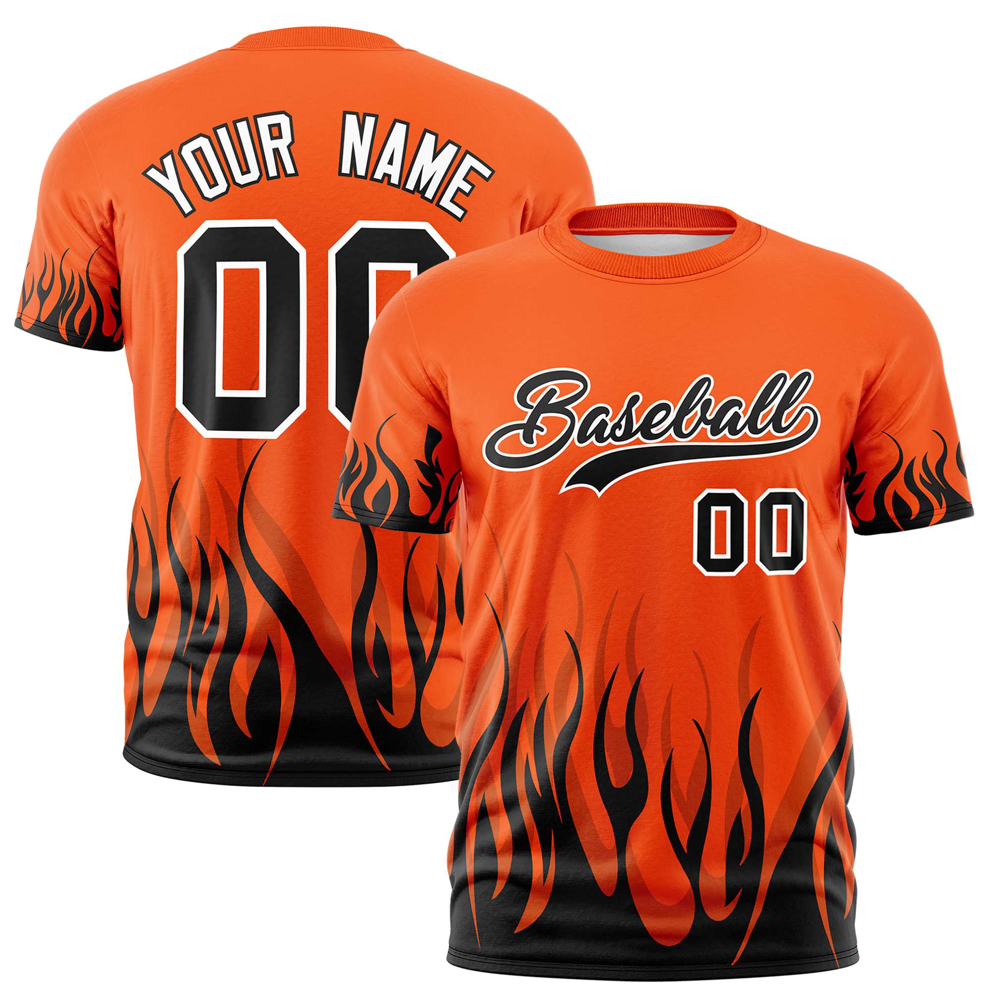 Custom Orange Black 3D Pattern Design Flame Performance T-Shirt