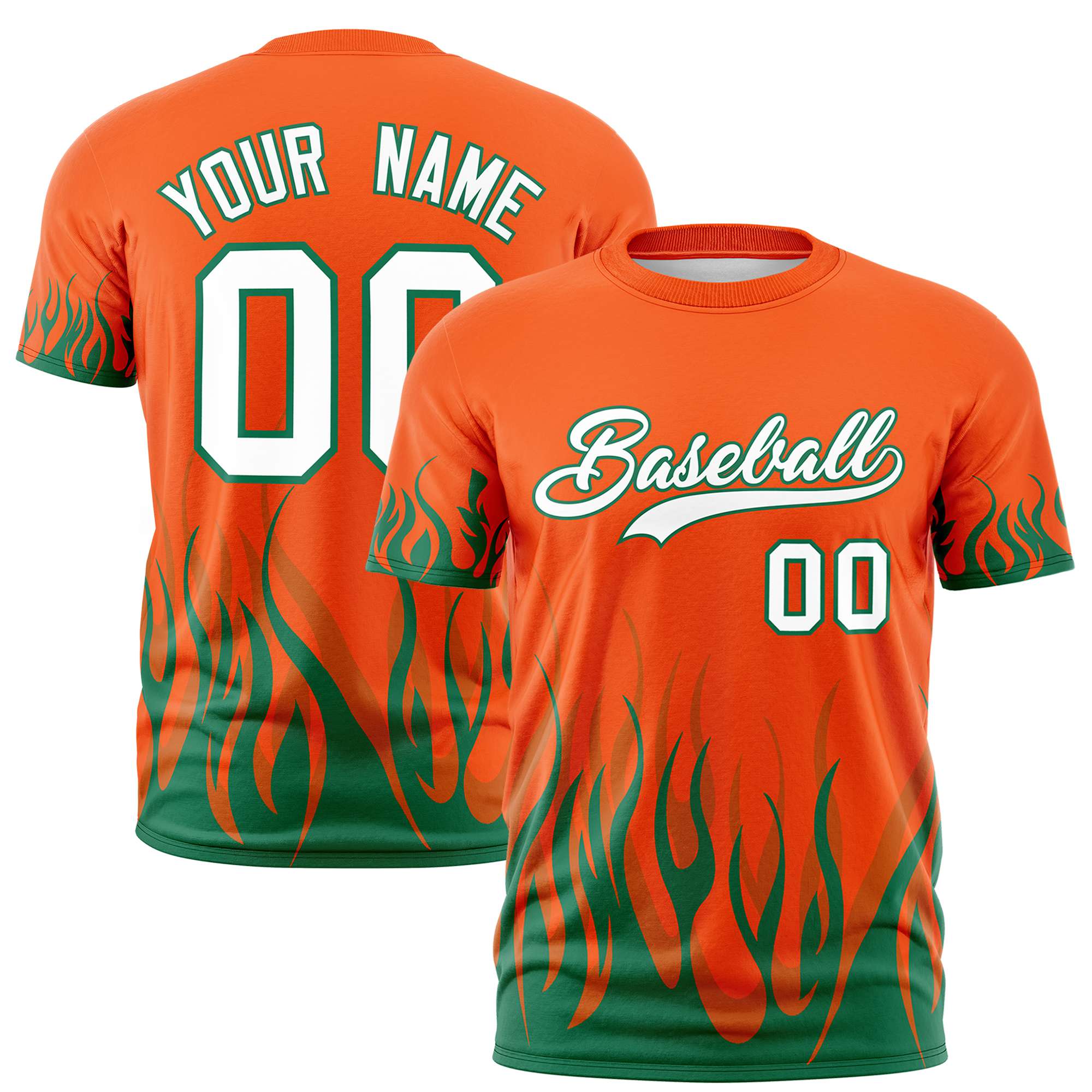 Custom Orange Kelly Green 3D Pattern Design Flame Performance T-Shirt