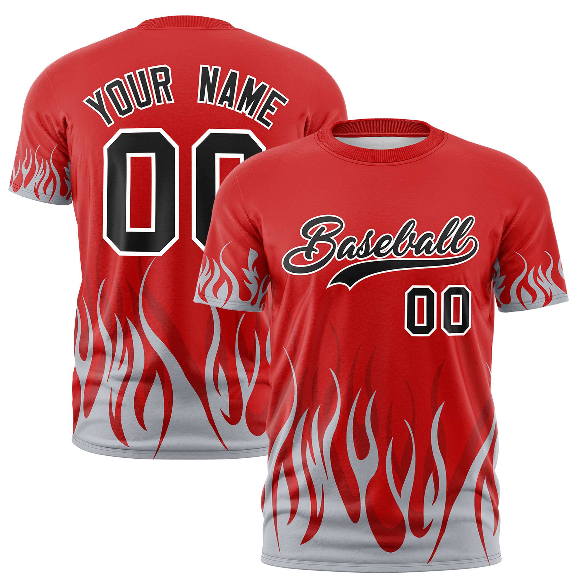 Custom Red Gray 3D Pattern Design Flame Performance T-Shirt