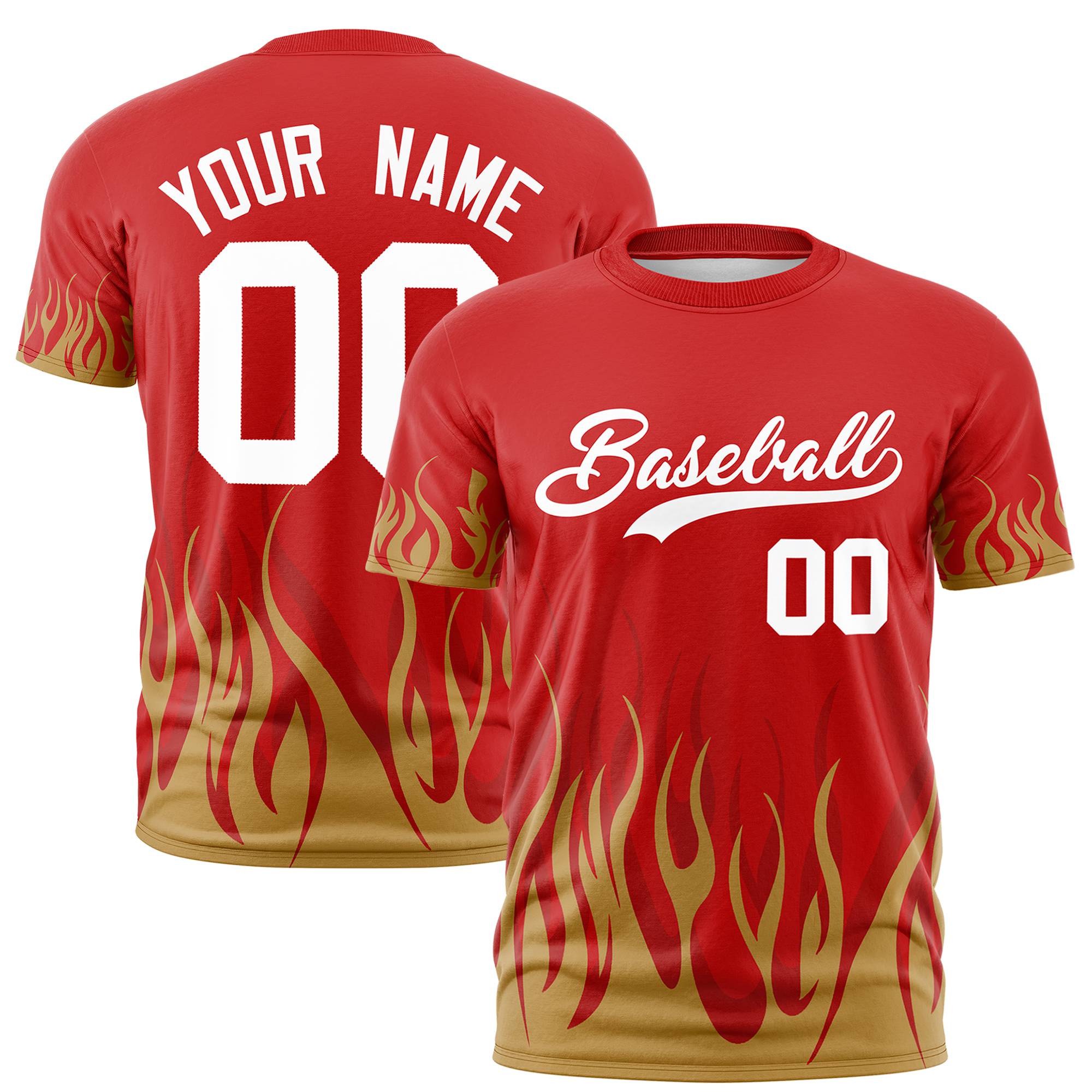 Custom Red Old Gold 3D Pattern Design Flame Performance T-Shirt