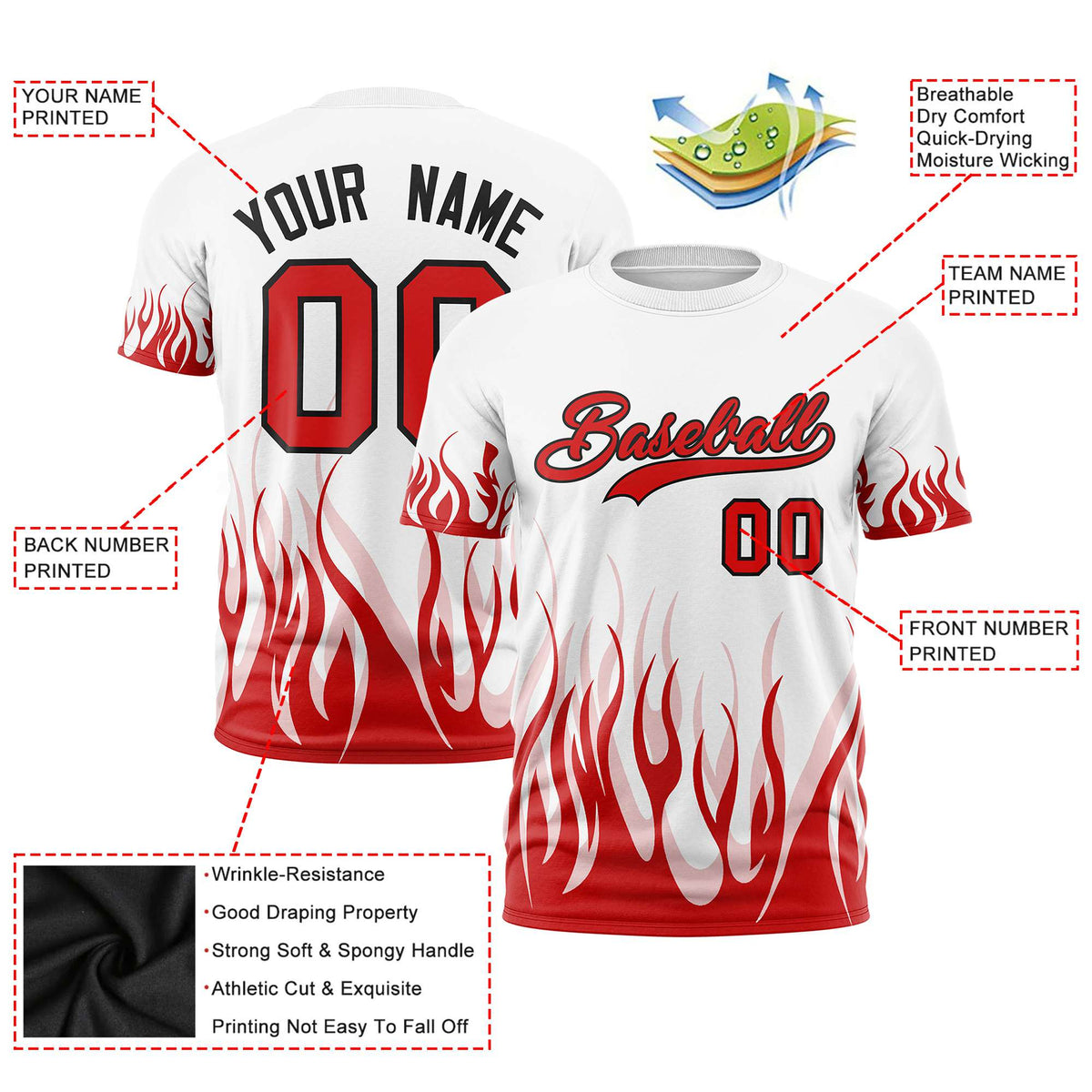 Custom White Red 3D Pattern Design Flame Performance T-Shirt