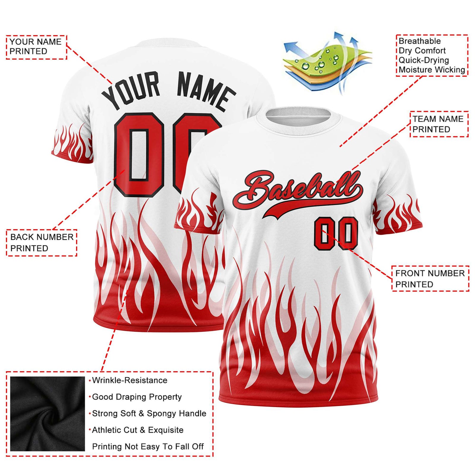 Custom White Red 3D Pattern Design Flame Performance T-Shirt