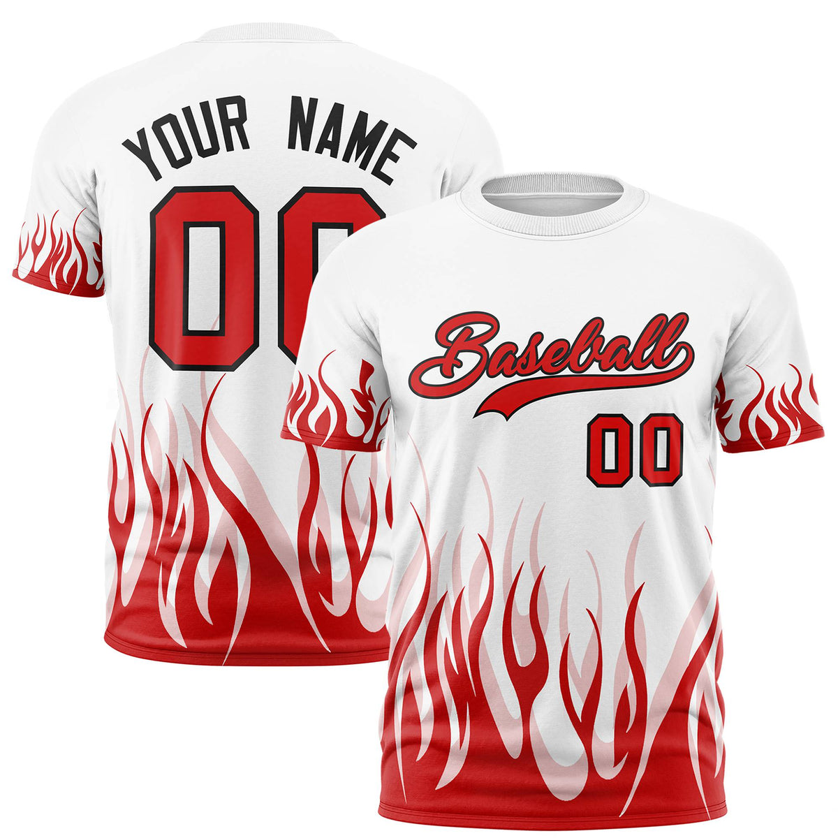 Custom White Red 3D Pattern Design Flame Performance T-Shirt