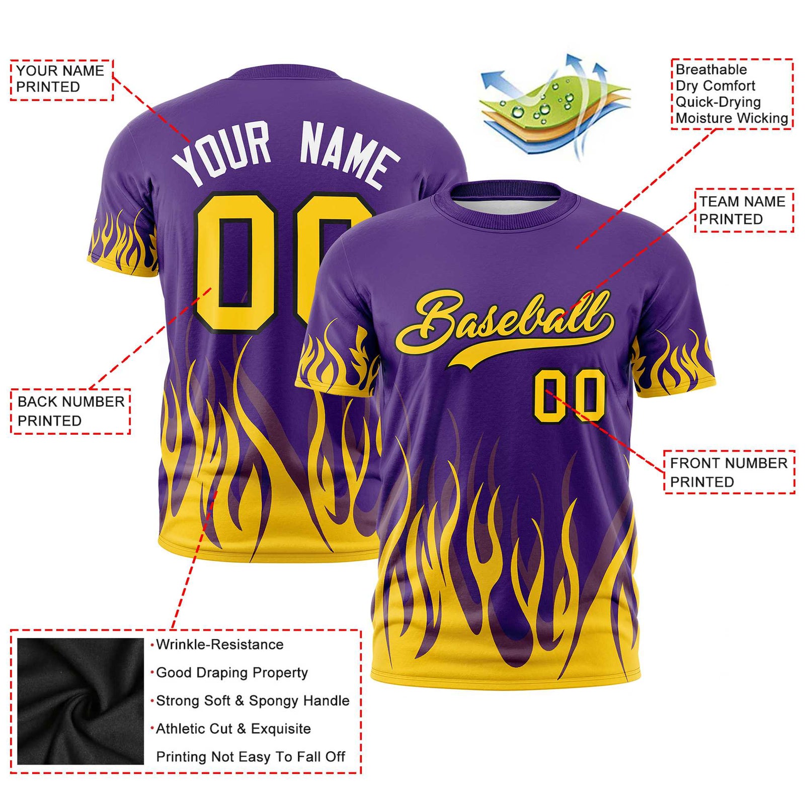 Custom Purple Old Gold 3D Pattern Design Flame Performance T-Shirt