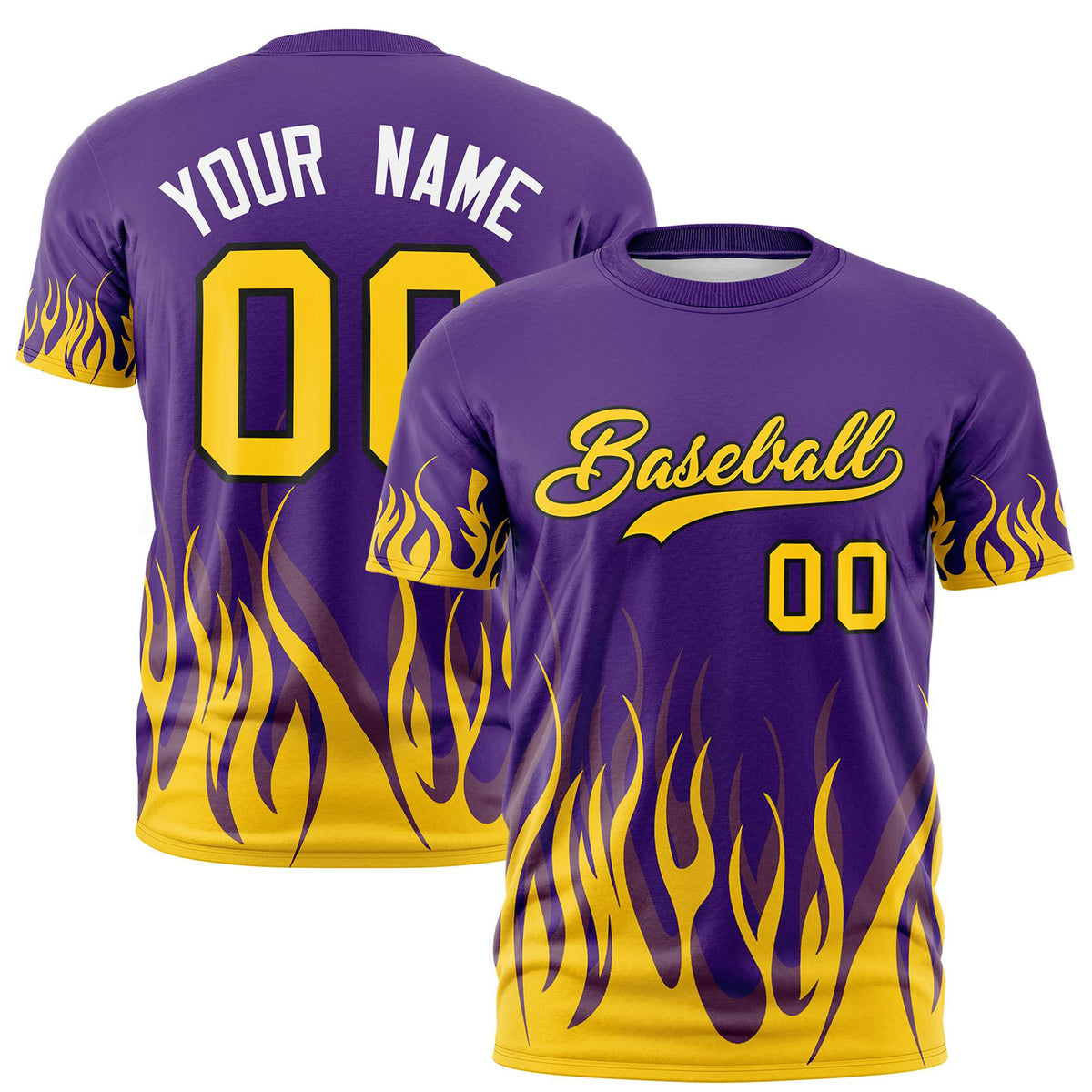Custom Purple Old Gold 3D Pattern Design Flame Performance T-Shirt