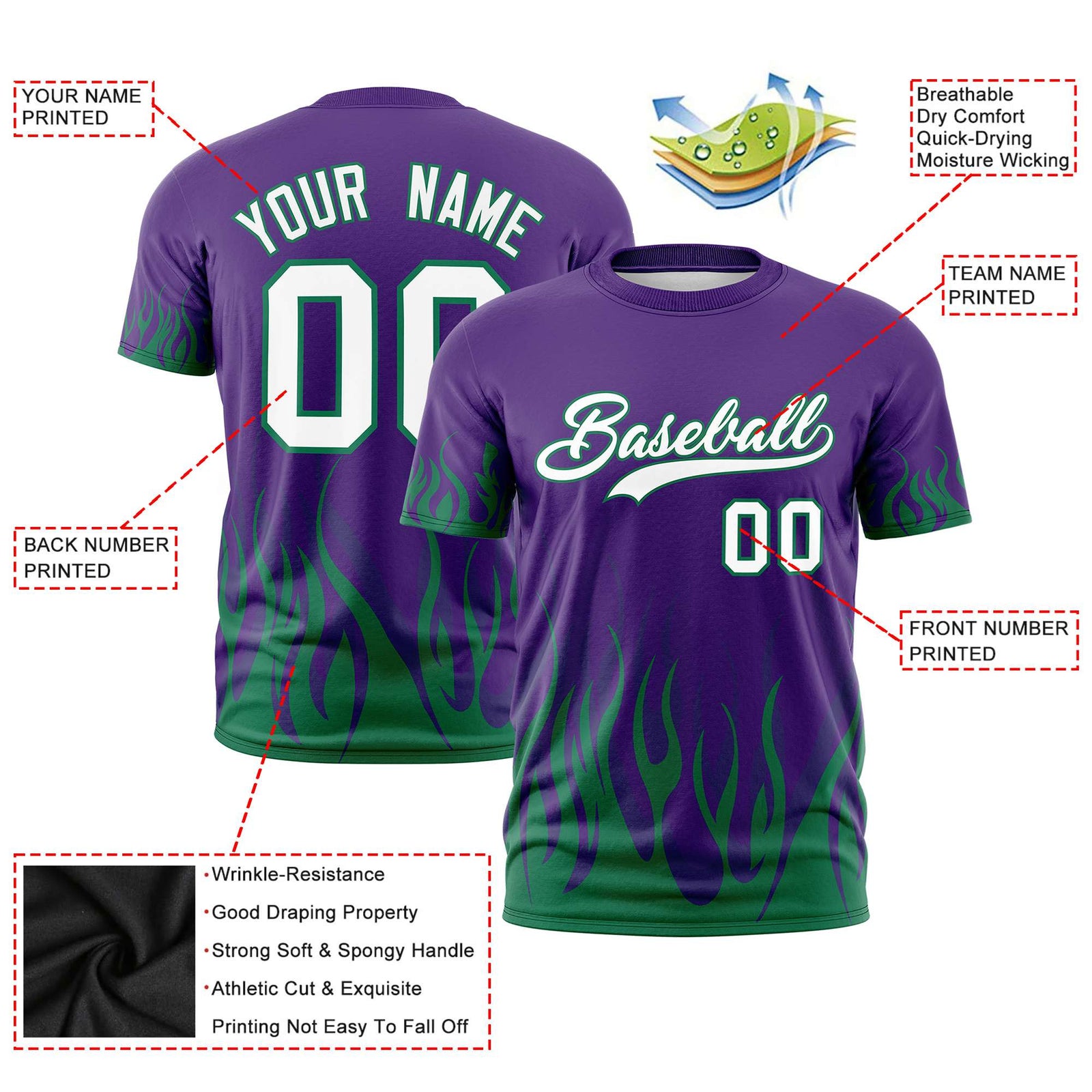 Custom Purple Teal 3D Pattern Design Flame Performance T-Shirt