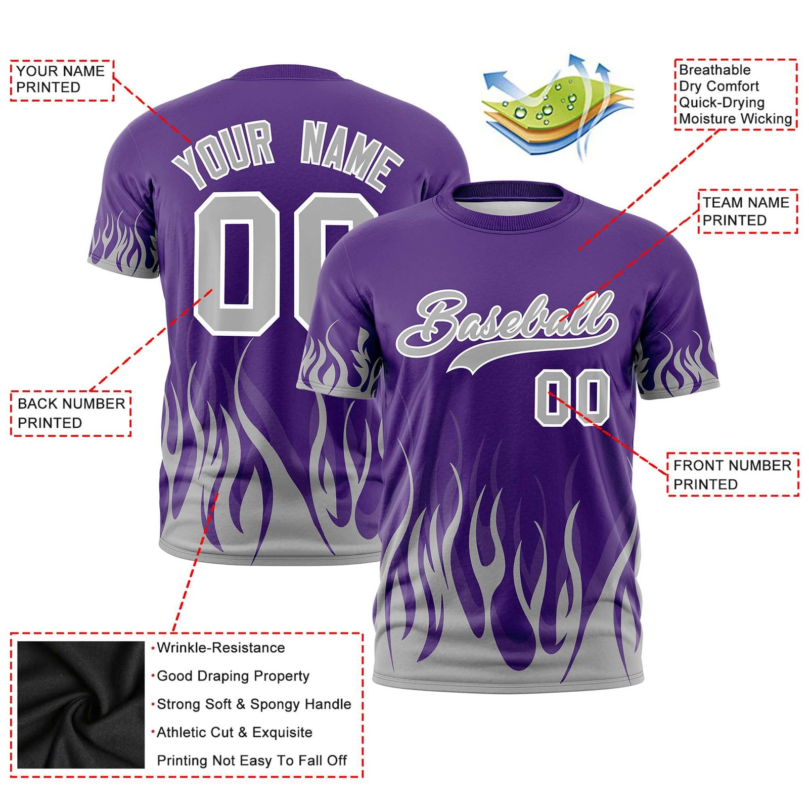 Custom Purple Gray 3D Pattern Design Flame Performance T-Shirt