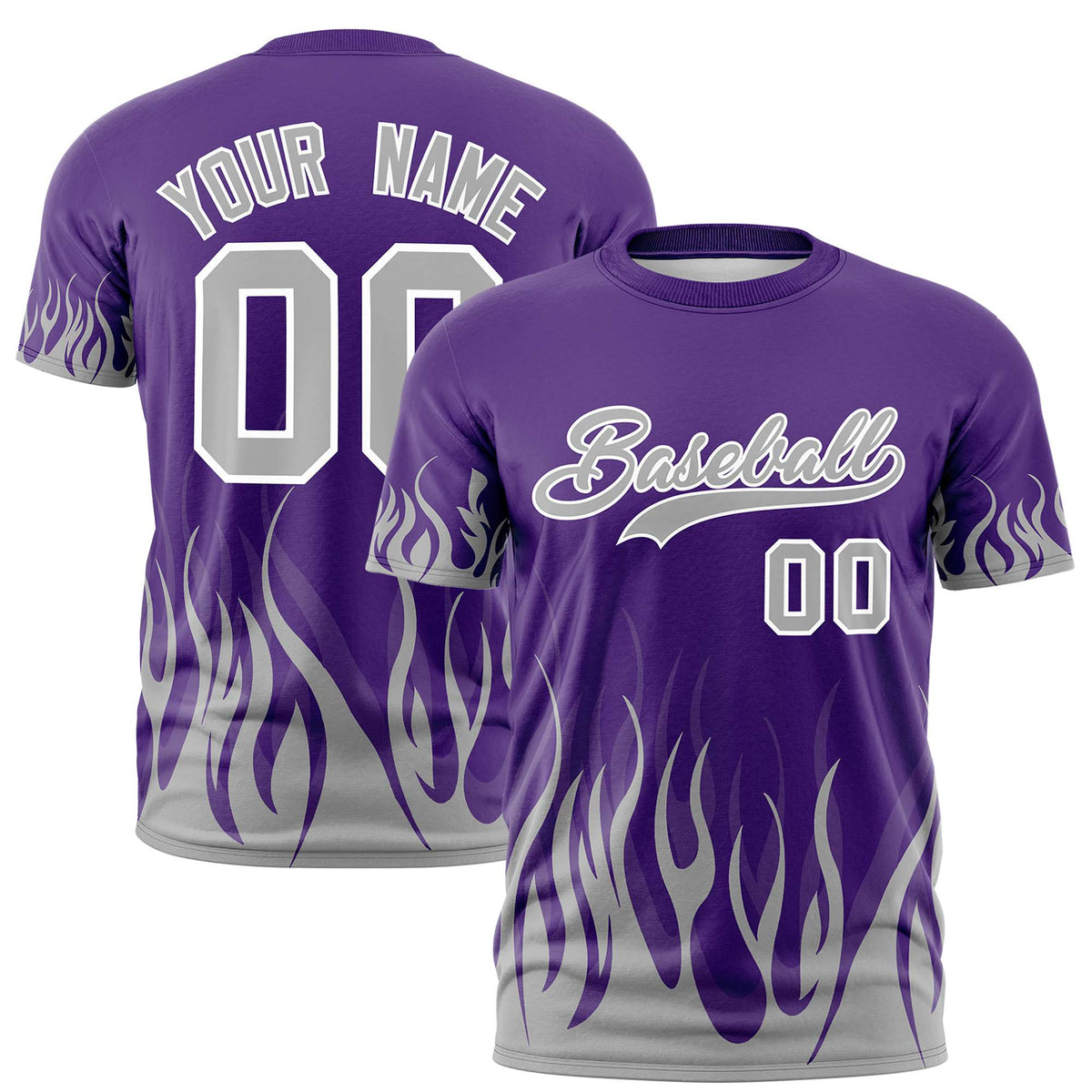 Custom Purple Gray 3D Pattern Design Flame Performance T-Shirt