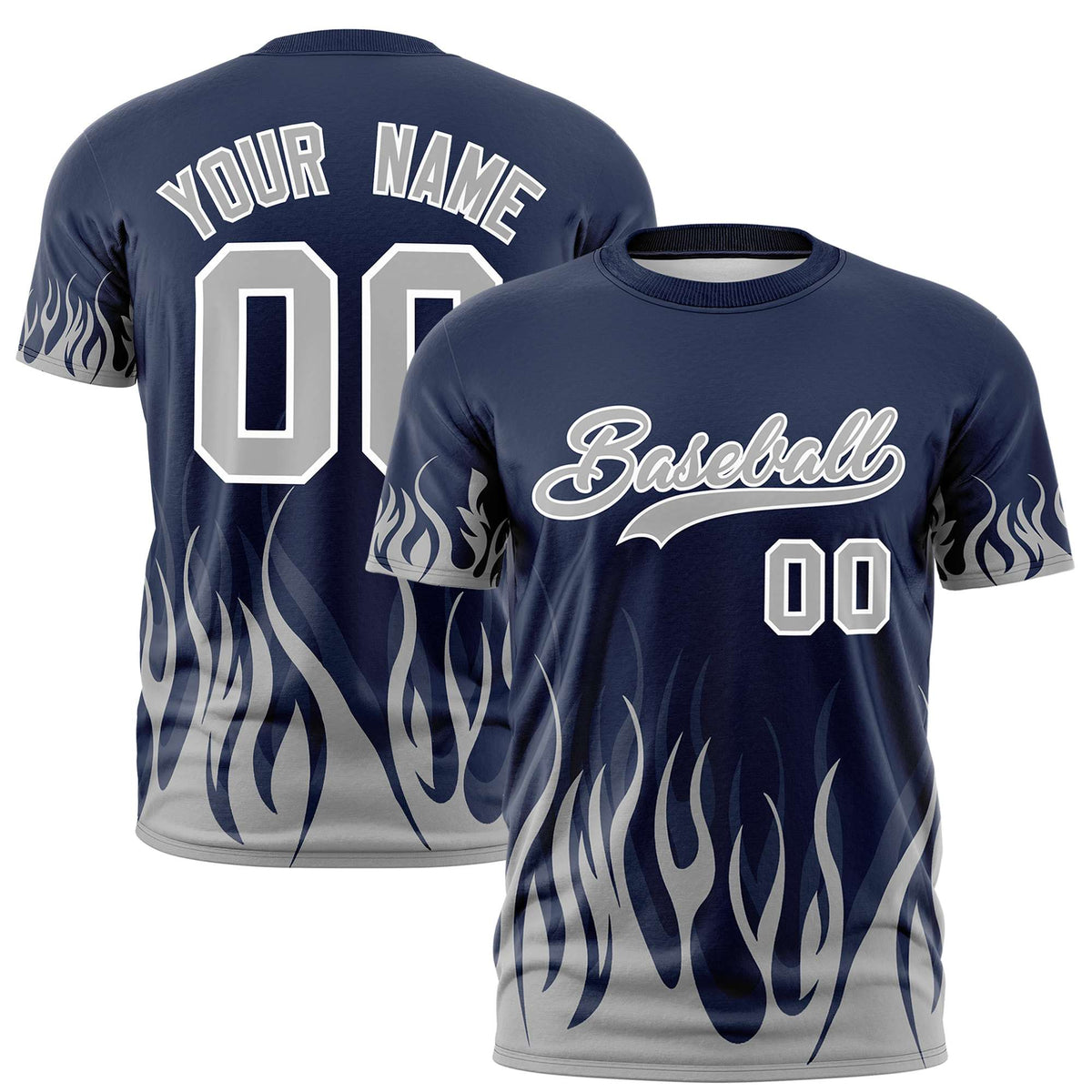 Custom Navy Gray 3D Pattern Design Flame Performance T-Shirt