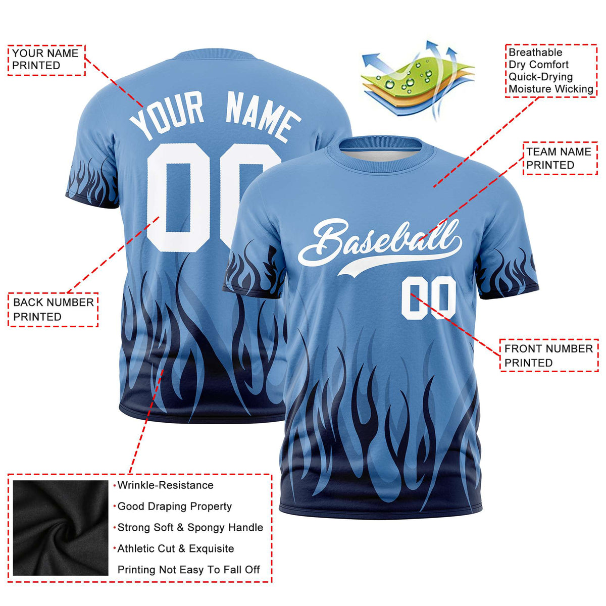 Custom Powder Blue Black 3D Pattern Design Flame Performance T-Shirt