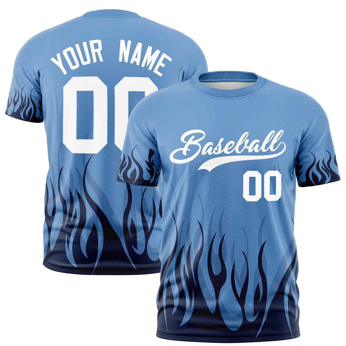 Custom Powder Blue Black 3D Pattern Design Flame Performance T-Shirt