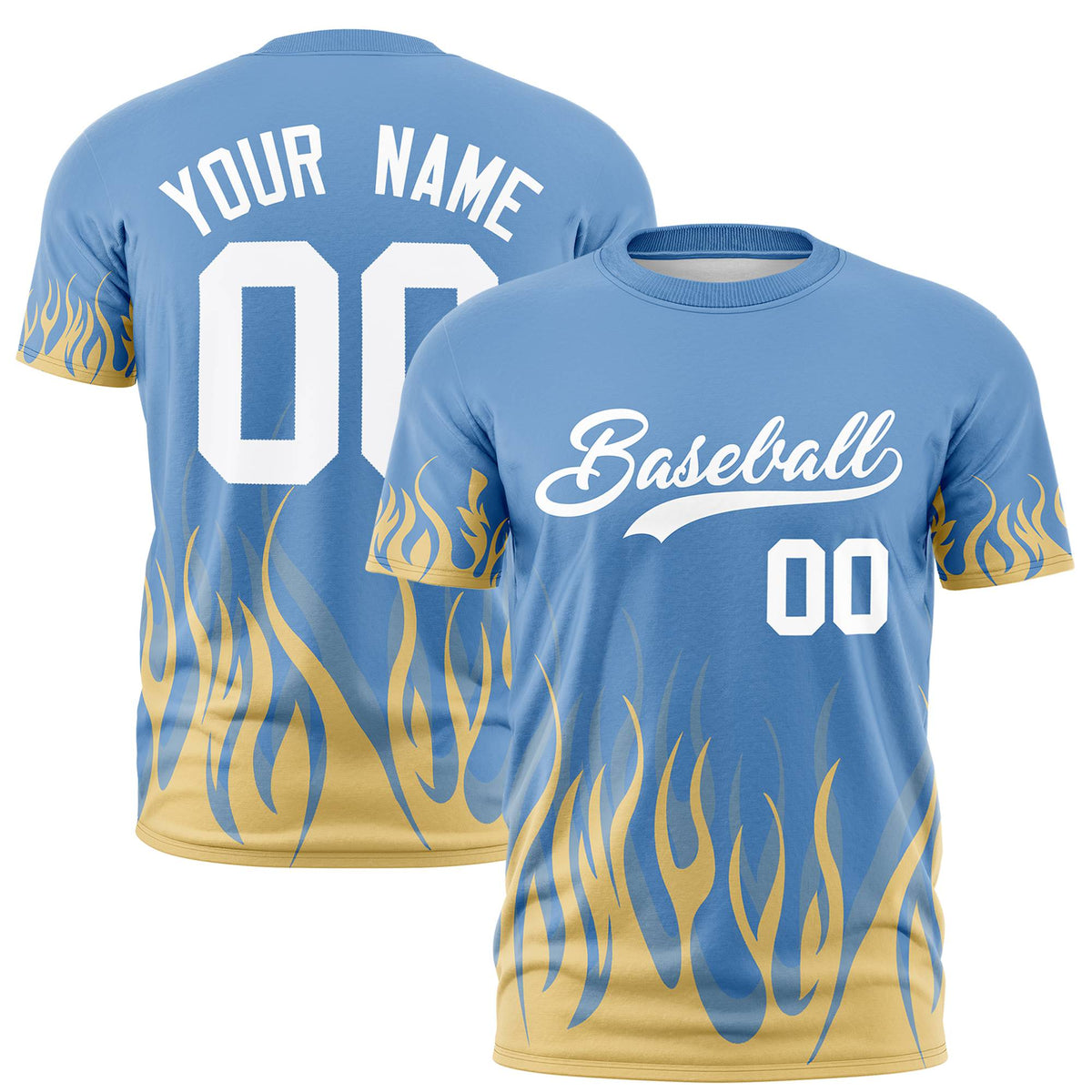 Custom Powder Blue Khaki 3D Pattern Design Flame Performance T-Shirt