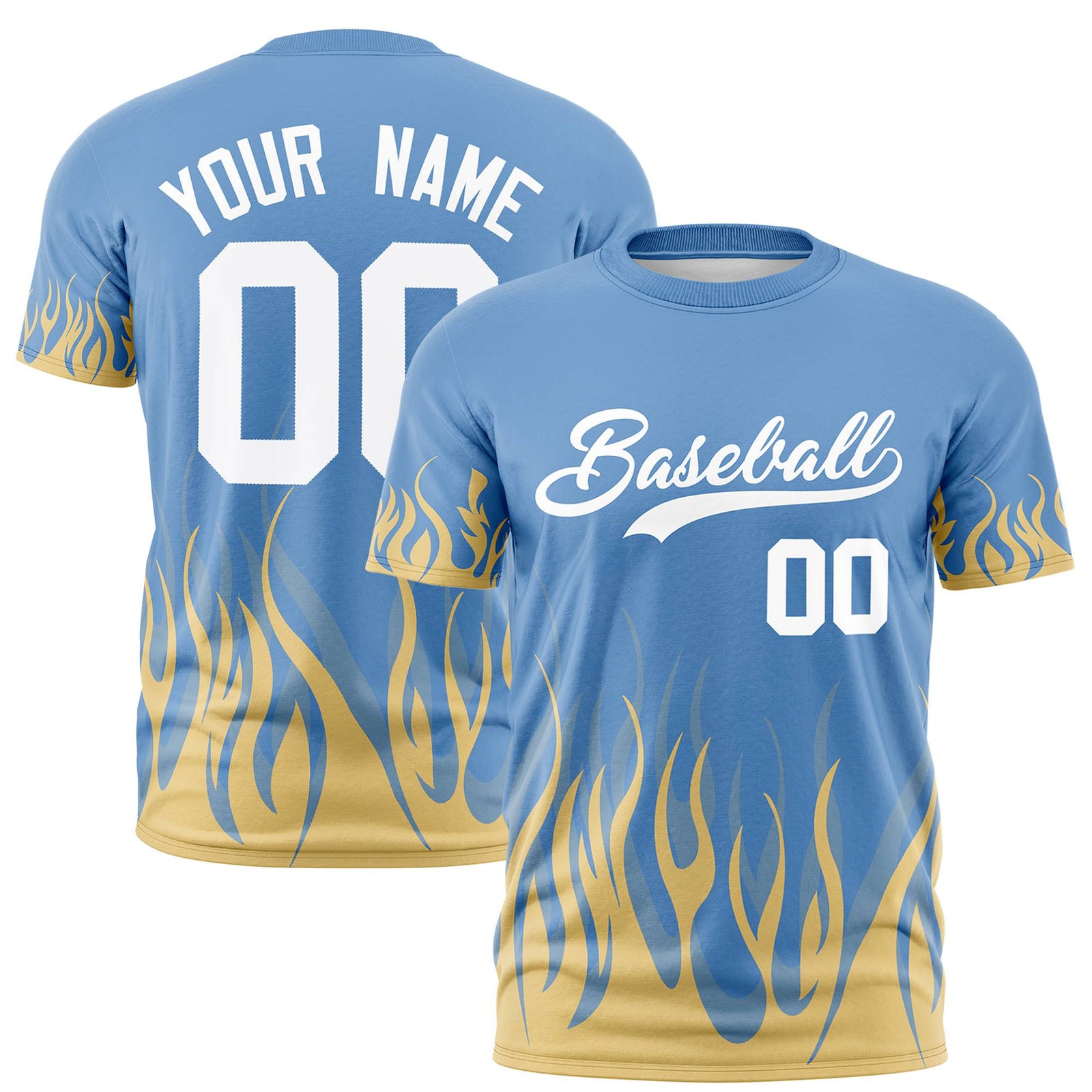 Custom Powder Blue Khaki 3D Pattern Design Flame Performance T-Shirt