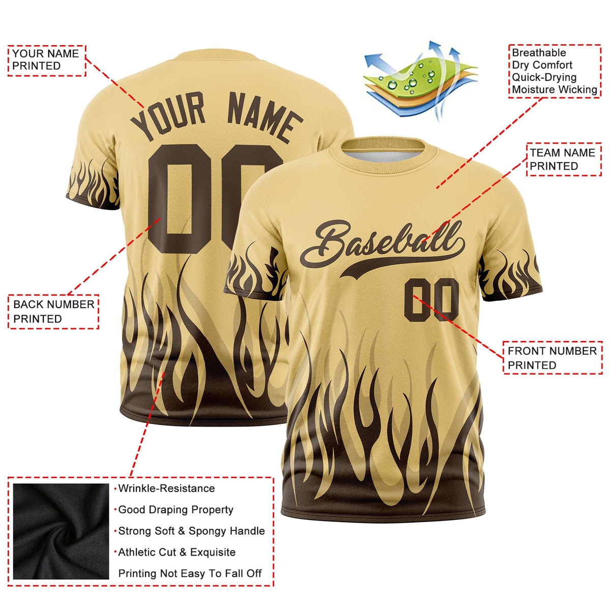 Custom Khaki Brown 3D Pattern Design Flame Performance T-Shirt