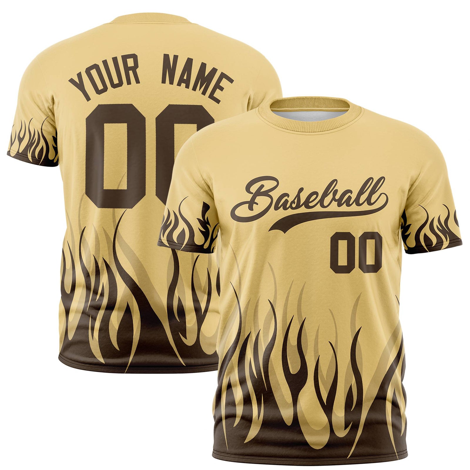 Custom Khaki Brown 3D Pattern Design Flame Performance T-Shirt