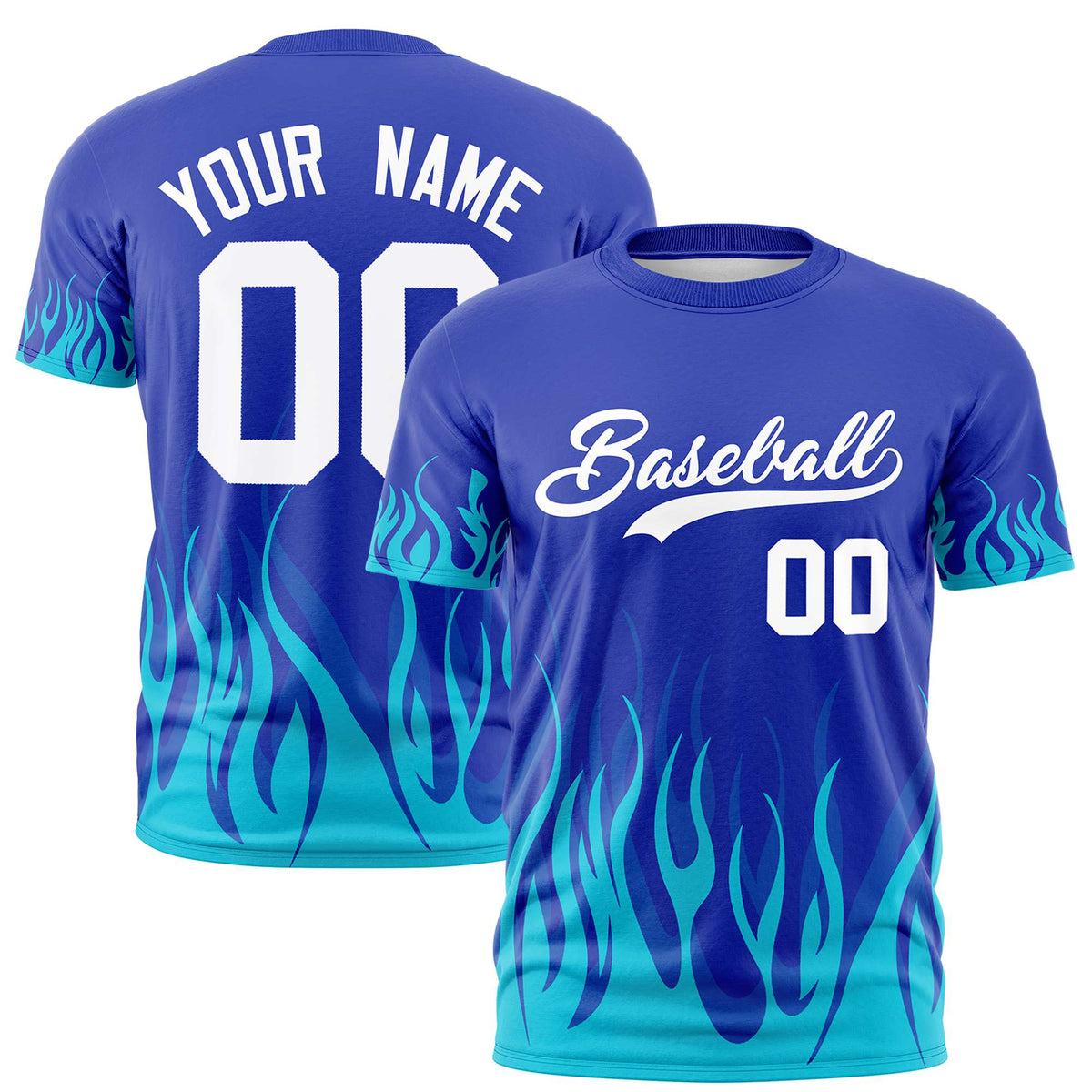 Custom Royal Blue Sky Blue 3D Pattern Design Flame Performance T-Shirt
