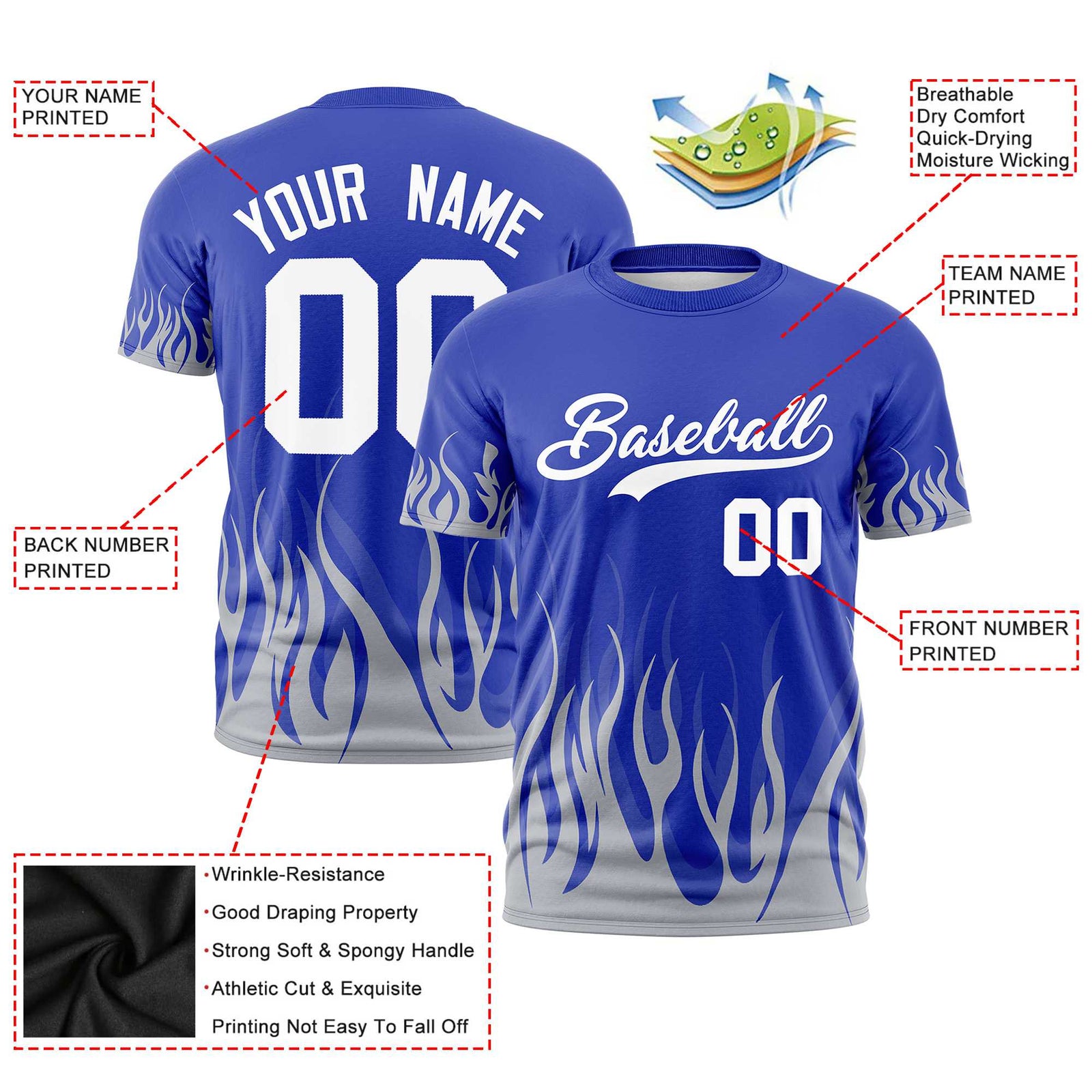 Custom Royal Blue Gray 3D Pattern Design Flame Performance T-Shirt