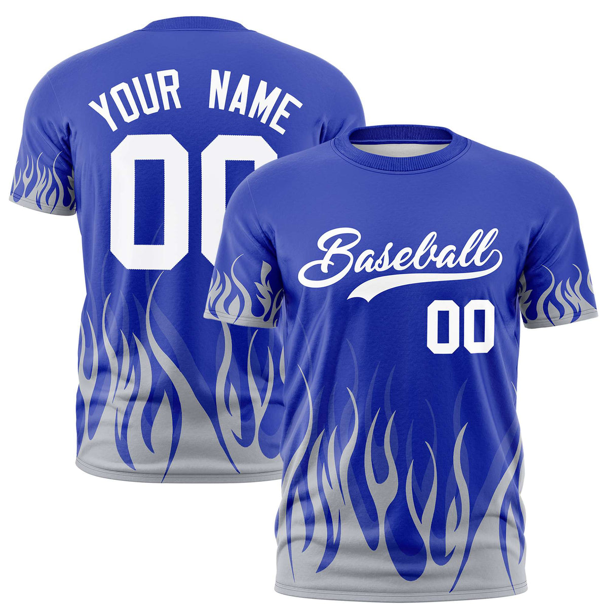 Custom Royal Blue Gray 3D Pattern Design Flame Performance T-Shirt