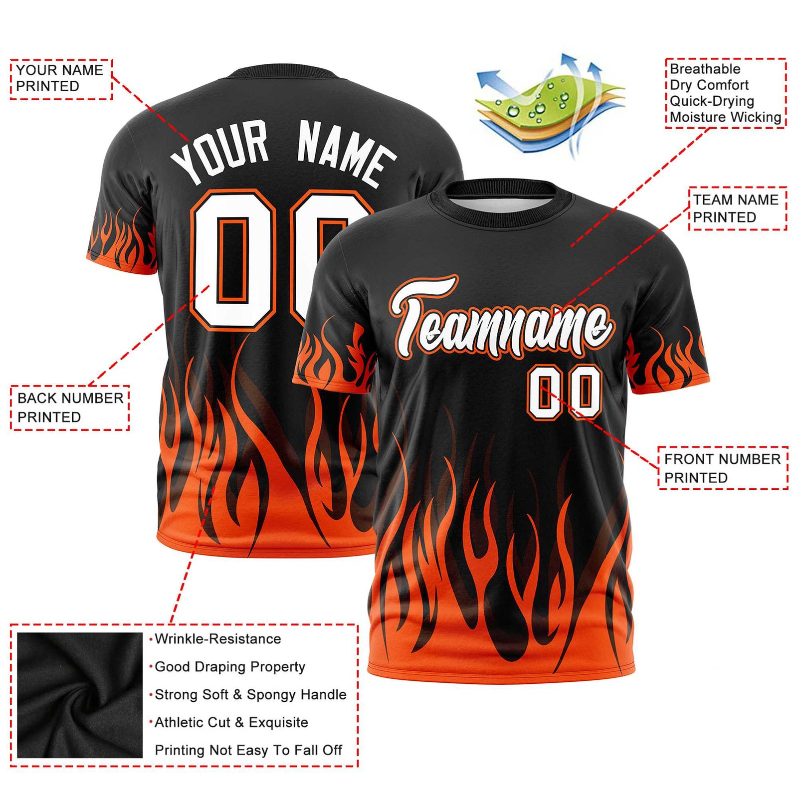 Custom Black Orange 3D Pattern Design Flame Performance T-Shirt