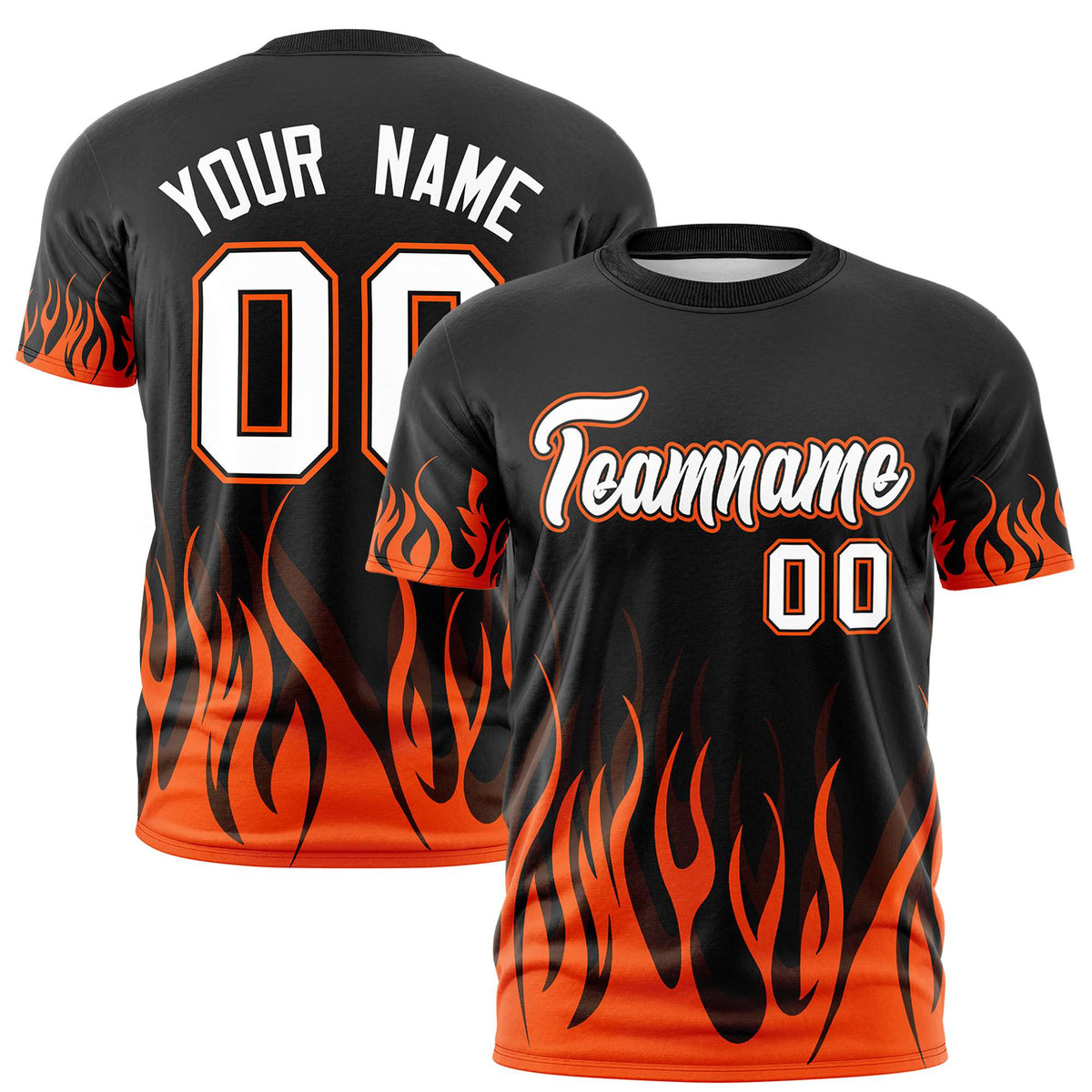 Custom Black Orange 3D Pattern Design Flame Performance T-Shirt