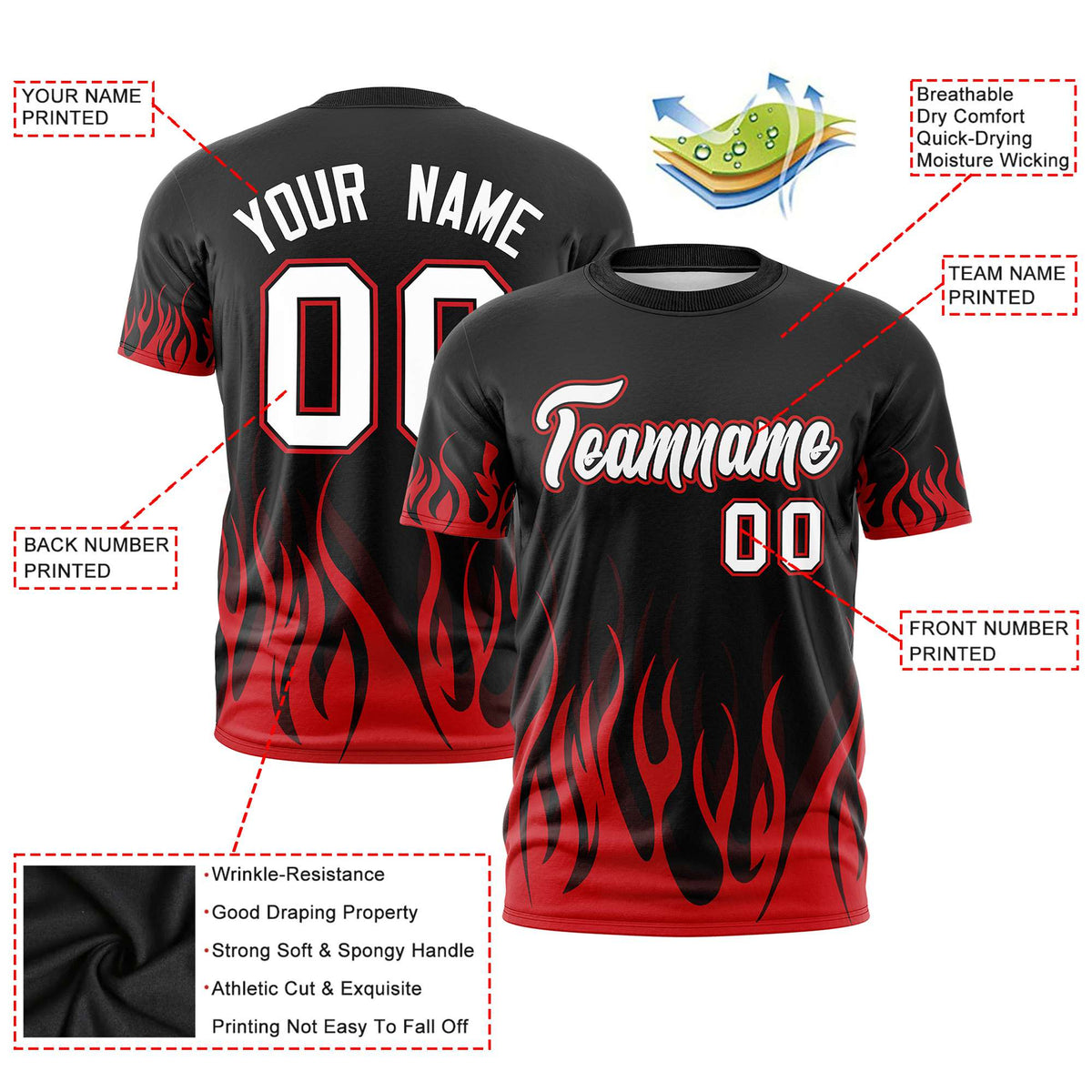 Custom Black Red 3D Pattern Design Flame Performance T-Shirt