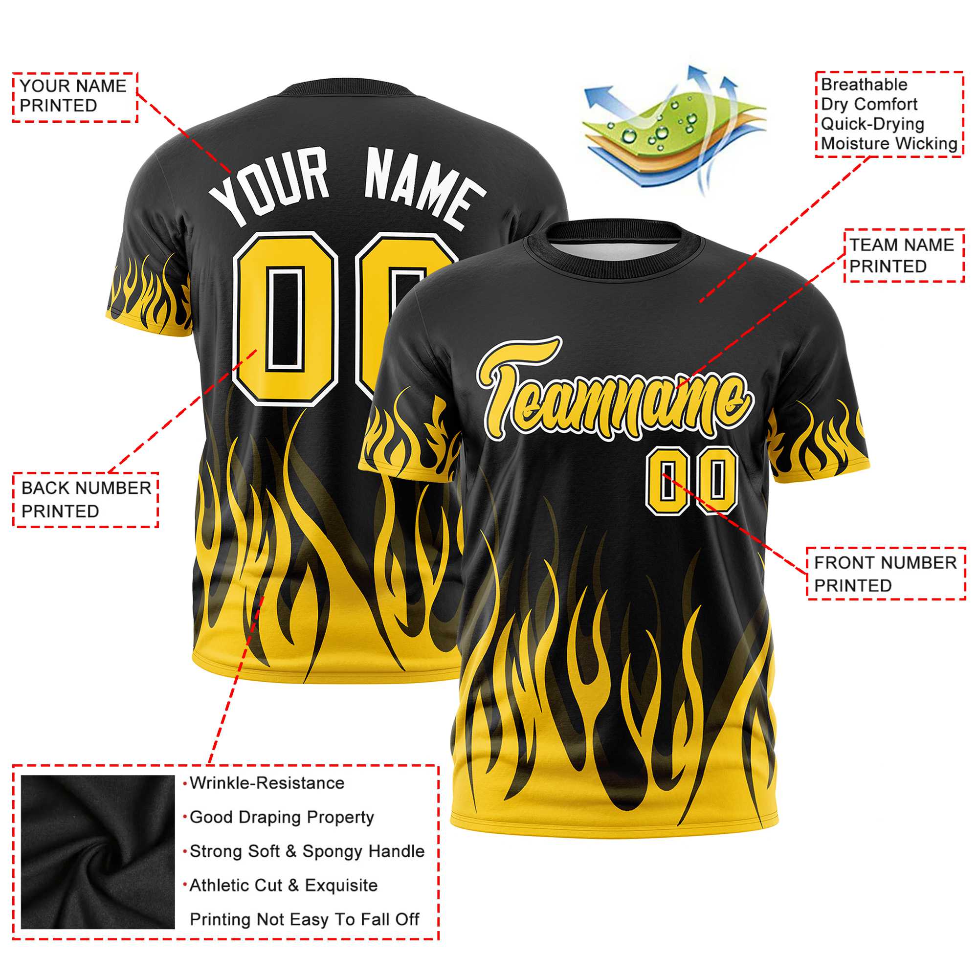 Custom Black Gold-01 3D Pattern Design Flame Performance T-Shirt