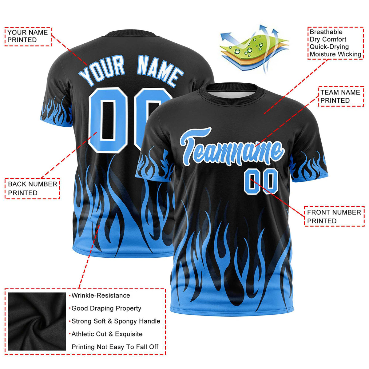 Custom Black Powder Blue 3D Pattern Design Flame Performance T-Shirt