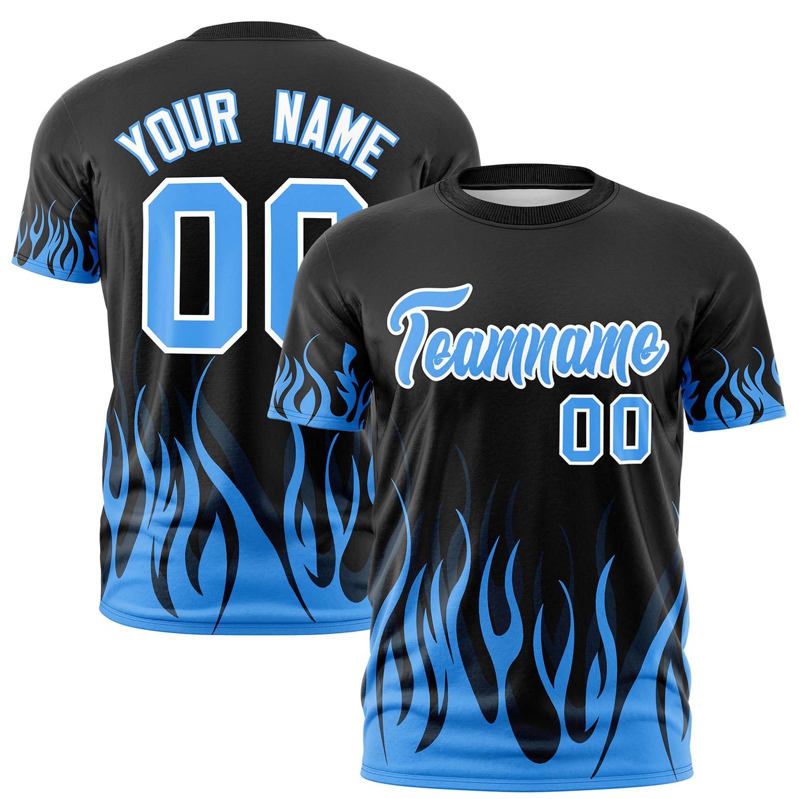 Custom Black Powder Blue 3D Pattern Design Flame Performance T-Shirt