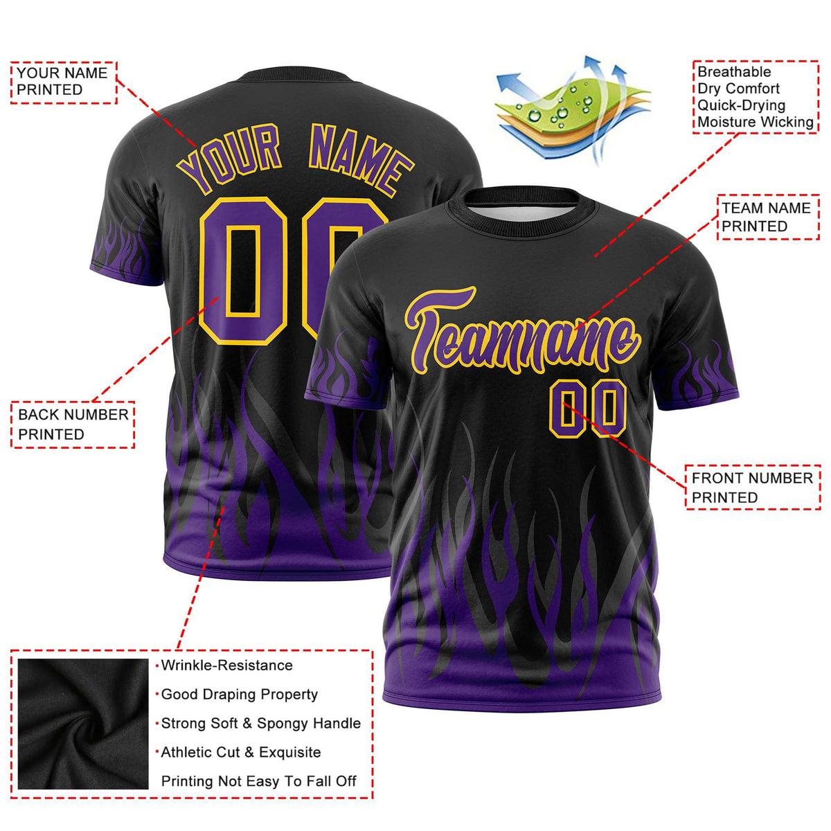 Custom Black Purple 3D Pattern Design Flame Performance T-Shirt