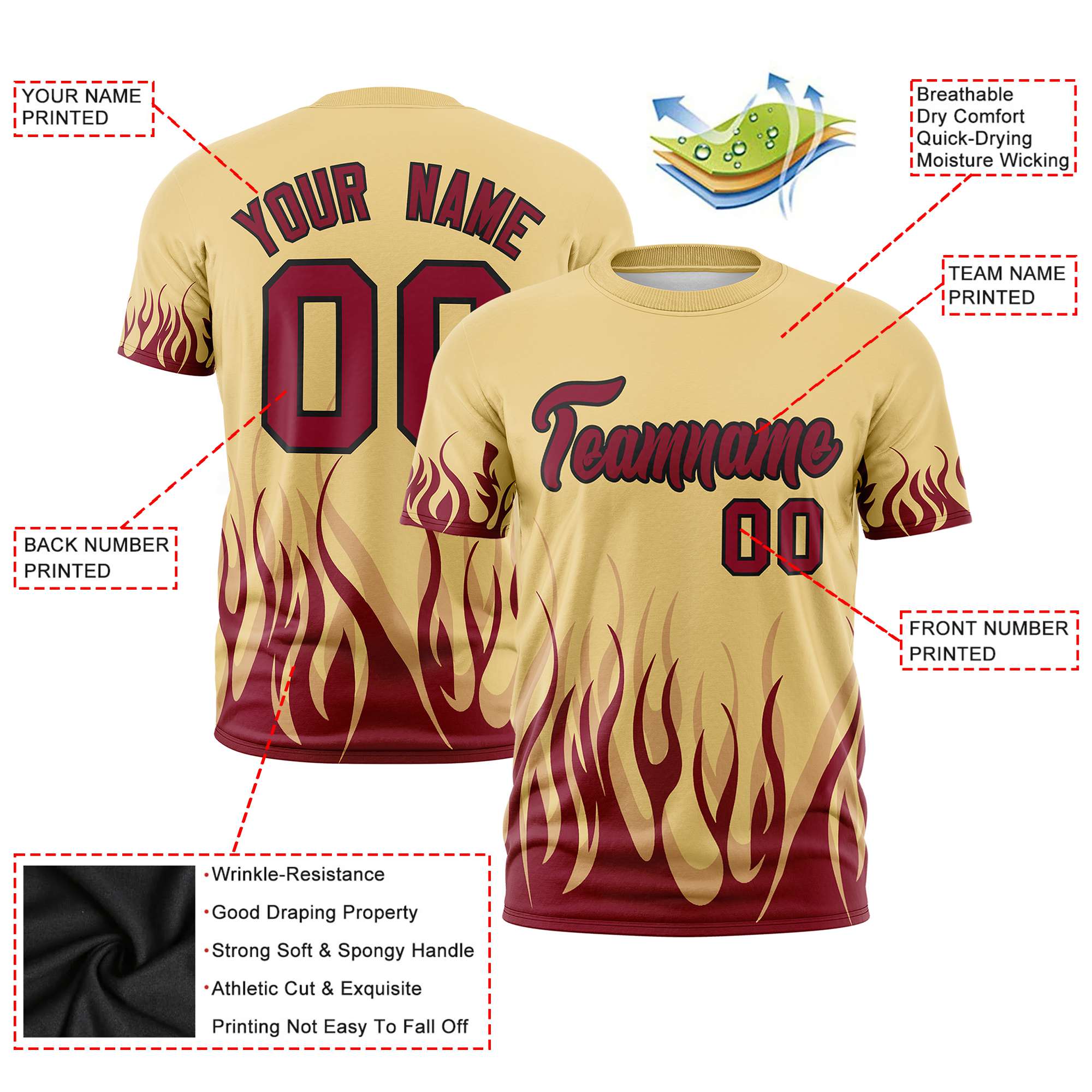 Custom Khaki Crimson 3D Pattern Design Flame Performance T-Shirt